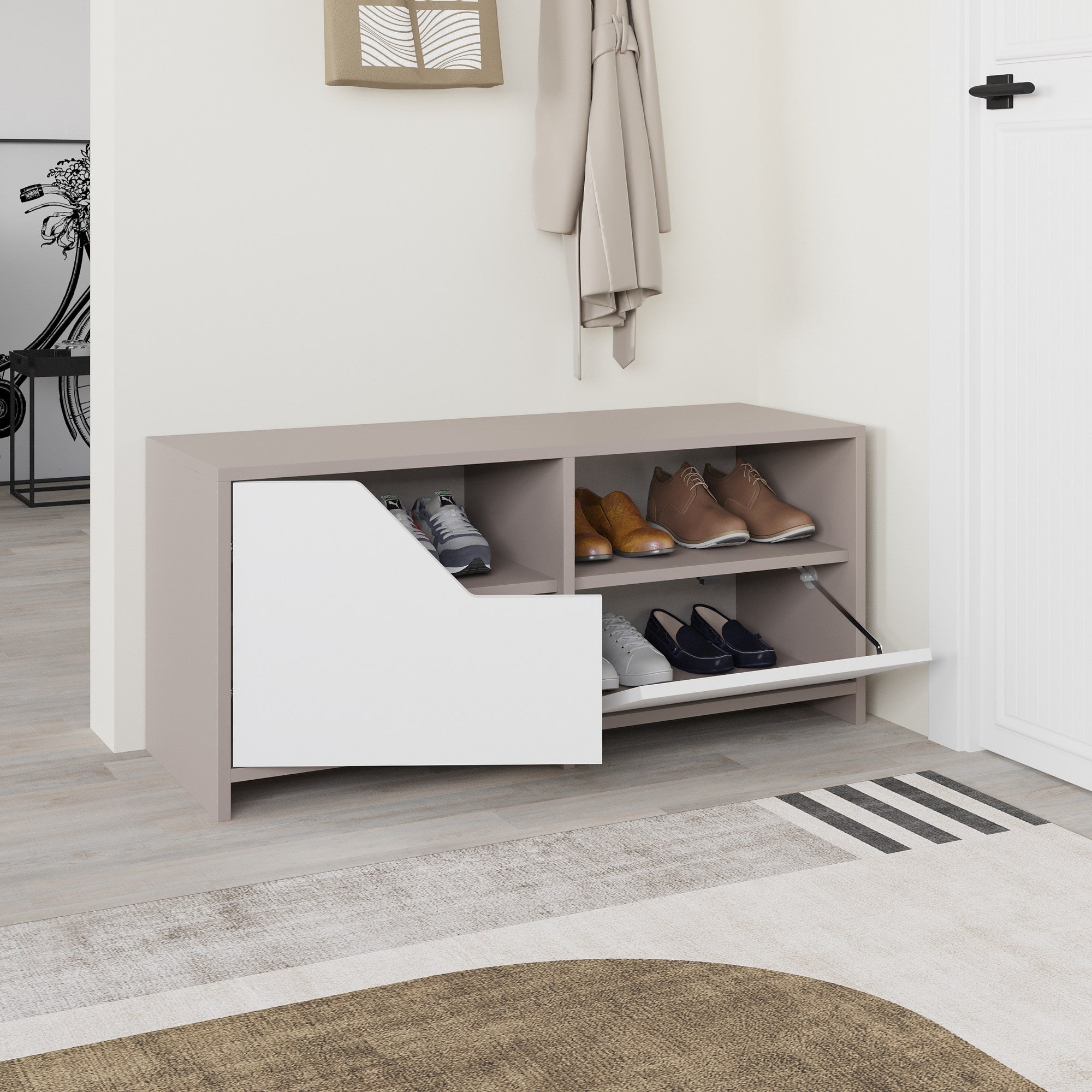 Sapateira estilosa, cor mocha claro e branco, 105 x 47 x 37 cm | 100% revestida em melamina, 18 mm de espessura, dobradiças de fechamento suave, capacidade para 80 kg, montável na parede