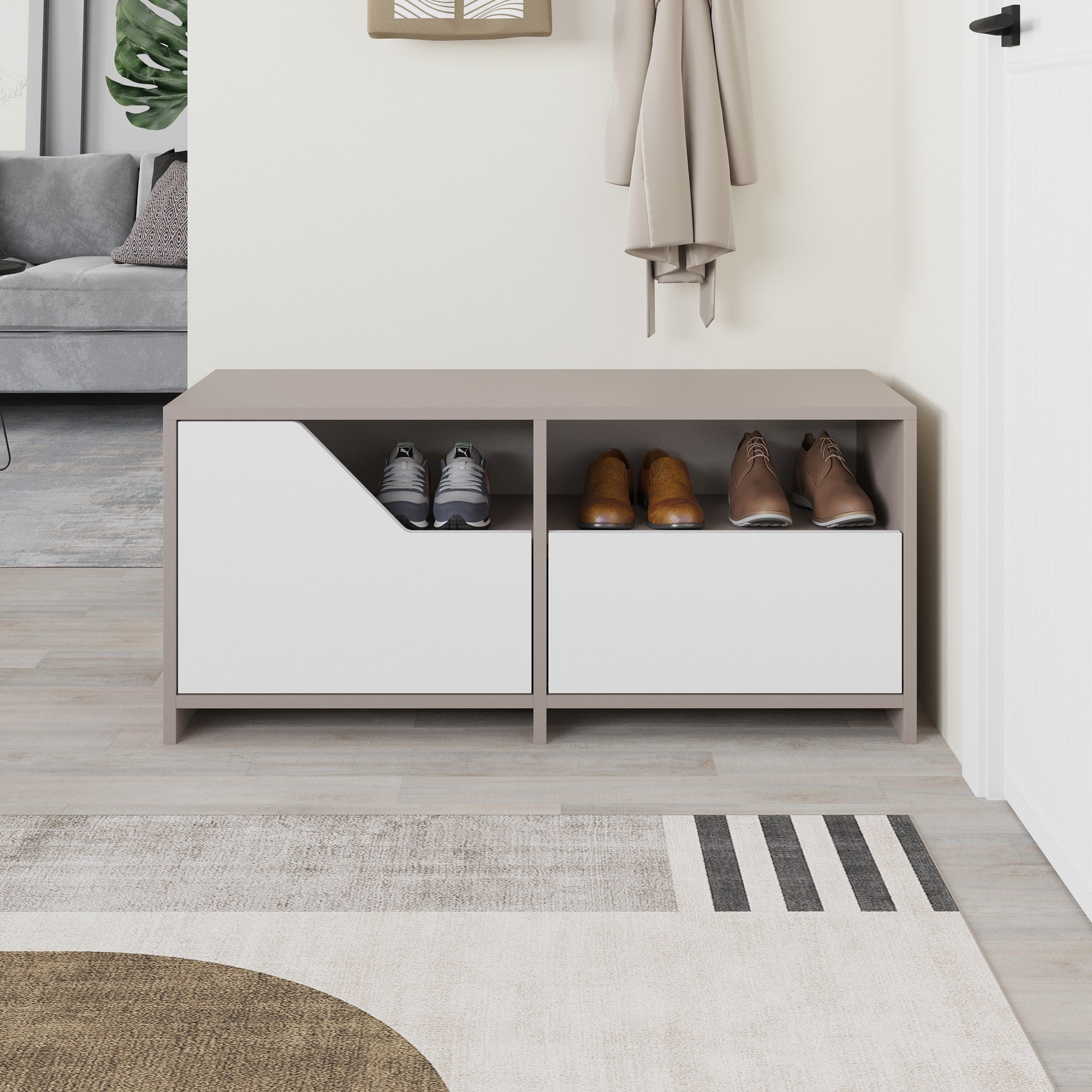 Sapateira estilosa, cor mocha claro e branco, 105 x 47 x 37 cm | 100% revestida em melamina, 18 mm de espessura, dobradiças de fechamento suave, capacidade para 80 kg, montável na parede