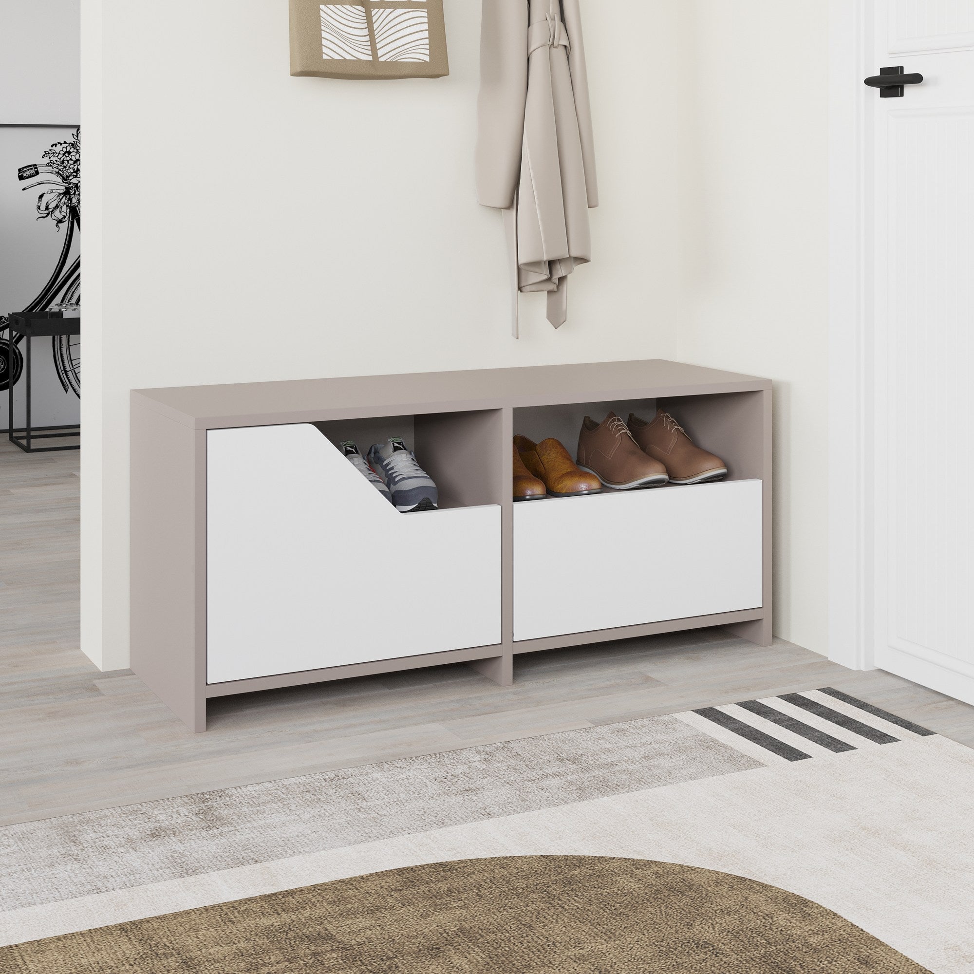 Sapateira estilosa, cor mocha claro e branco, 105 x 47 x 37 cm | 100% revestida em melamina, 18 mm de espessura, dobradiças de fechamento suave, capacidade para 80 kg, montável na parede