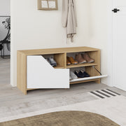 Sapateira estilosa, carvalho e branco, 105 x 47 x 37 cm | 100% revestida em melamina, 18 mm de espessura, dobradiças de fechamento suave, capacidade para 80 kg, design para montagem na parede
