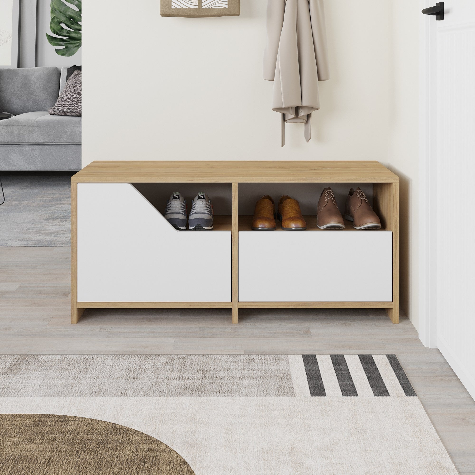 Sapateira estilosa, carvalho e branco, 105 x 47 x 37 cm | 100% revestida em melamina, 18 mm de espessura, dobradiças de fechamento suave, capacidade para 80 kg, design para montagem na parede