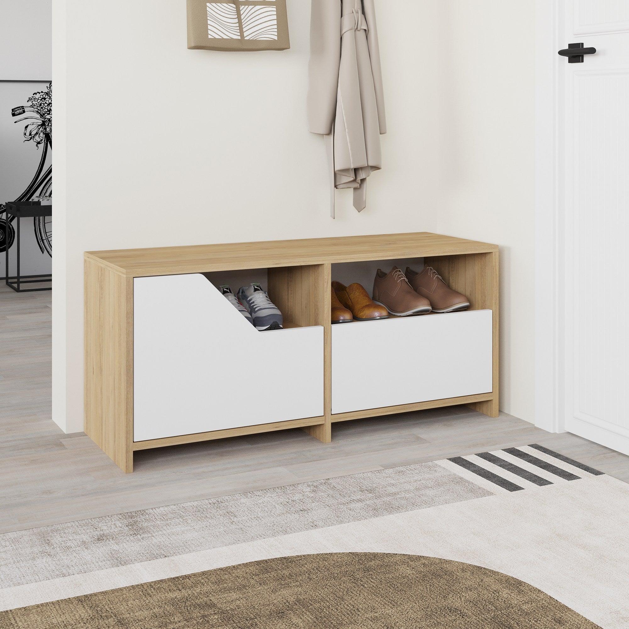 Sapateira estilosa, carvalho e branco, 105 x 47 x 37 cm | 100% revestida em melamina, 18 mm de espessura, dobradiças de fechamento suave, capacidade para 80 kg, design para montagem na parede