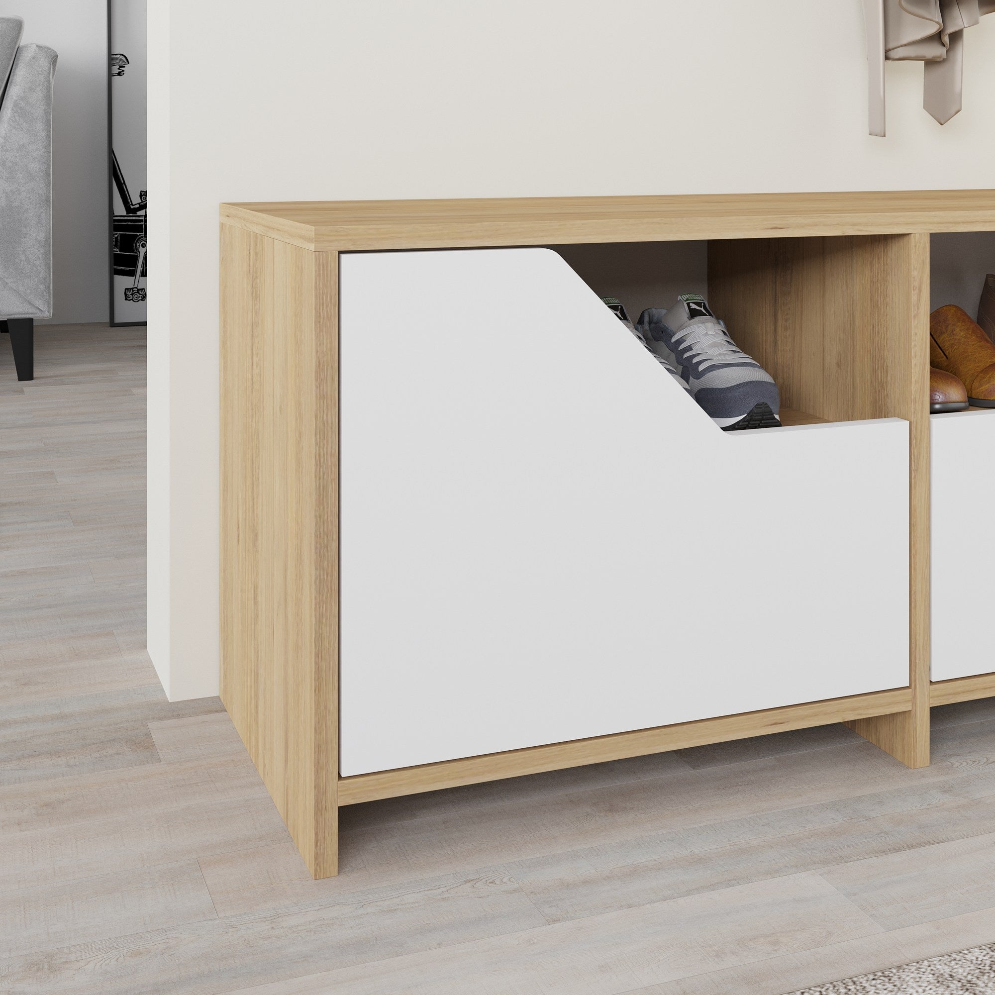 Sapateira estilosa, carvalho e branco, 105 x 47 x 37 cm | 100% revestida em melamina, 18 mm de espessura, dobradiças de fechamento suave, capacidade para 80 kg, design para montagem na parede