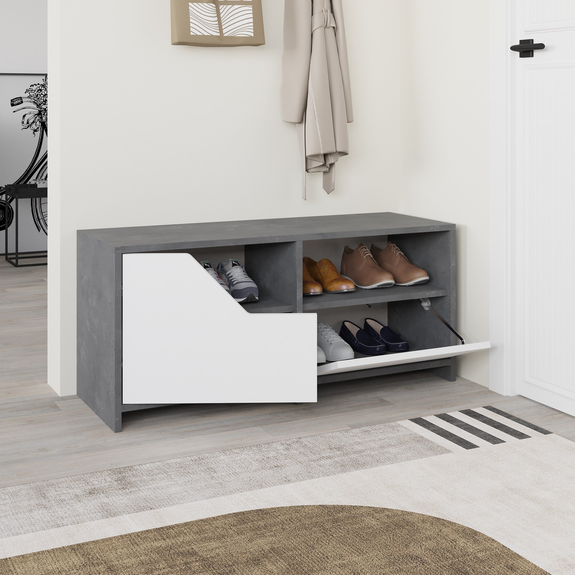 Sapateira estilosa, cinza e branca, 105 cm | Painel de partículas 100% revestido em melamina, 18 mm de espessura | Dobradiças de fechamento suave, montagem na parede, capacidade para 80 kg