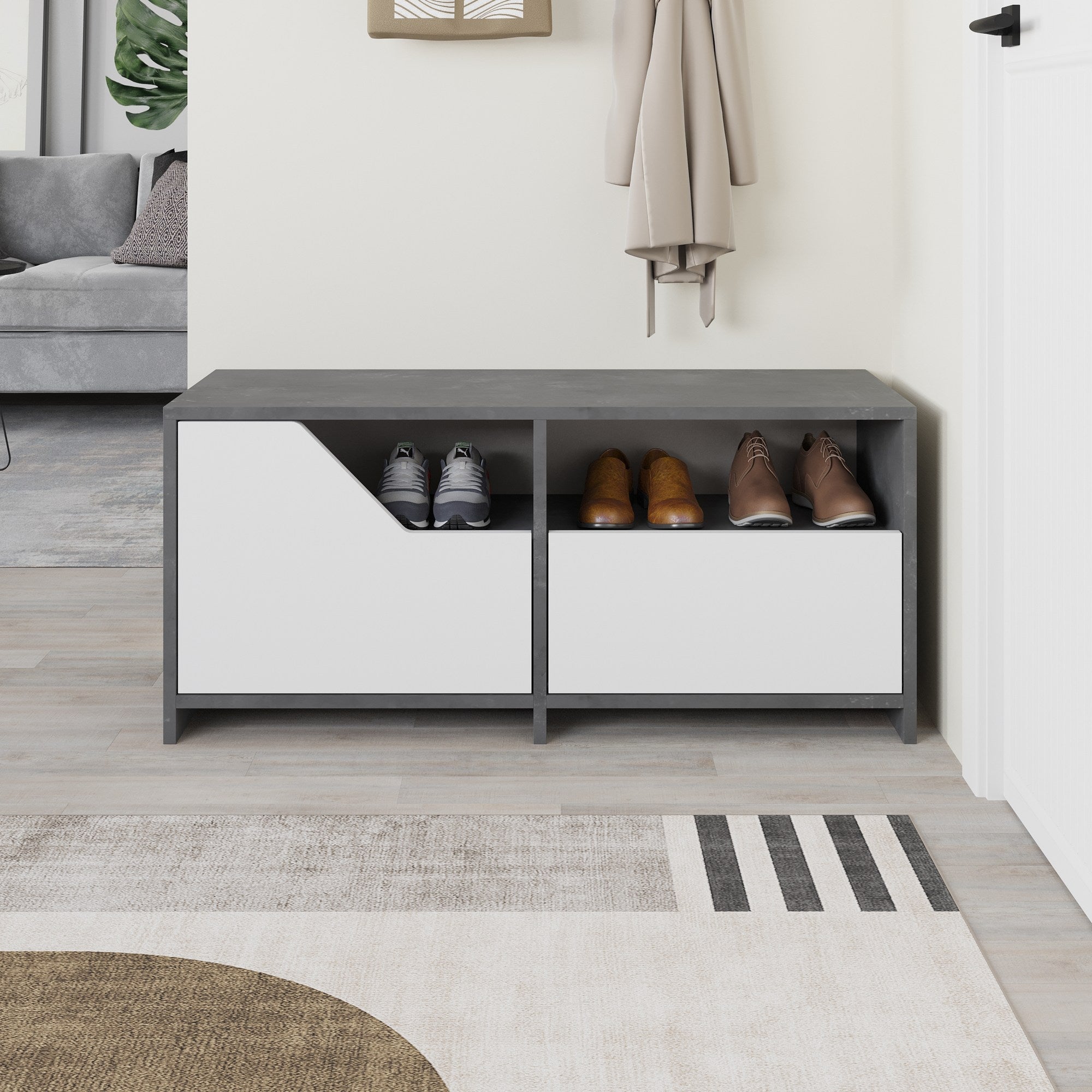 Sapateira estilosa, cinza e branca, 105 cm | Painel de partículas 100% revestido em melamina, 18 mm de espessura | Dobradiças de fechamento suave, montagem na parede, capacidade para 80 kg