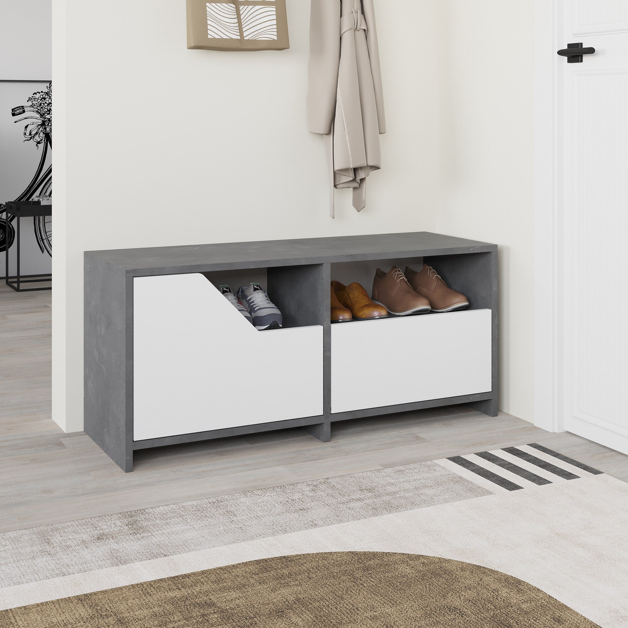 Sapateira estilosa, cinza e branca, 105 cm | Painel de partículas 100% revestido em melamina, 18 mm de espessura | Dobradiças de fechamento suave, montagem na parede, capacidade para 80 kg