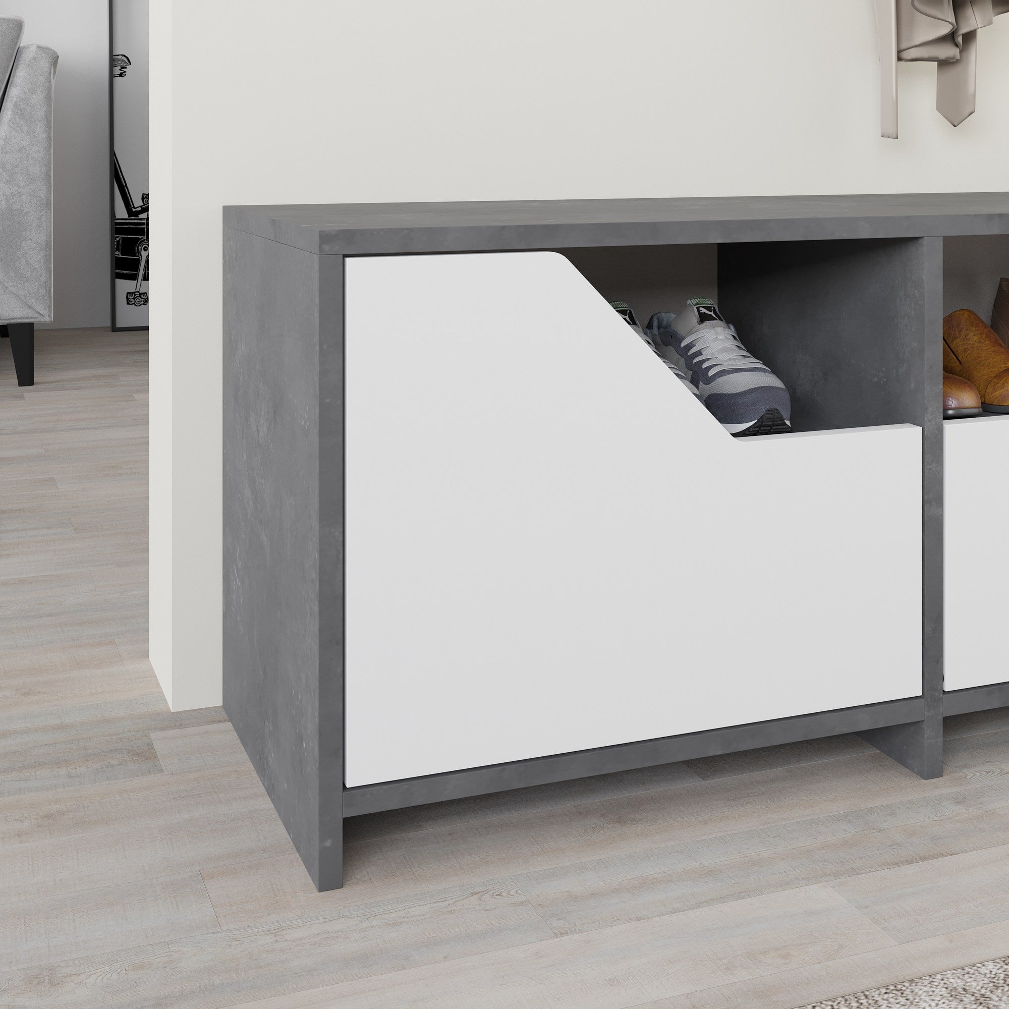 Sapateira estilosa, cinza e branca, 105 cm | Painel de partículas 100% revestido em melamina, 18 mm de espessura | Dobradiças de fechamento suave, montagem na parede, capacidade para 80 kg