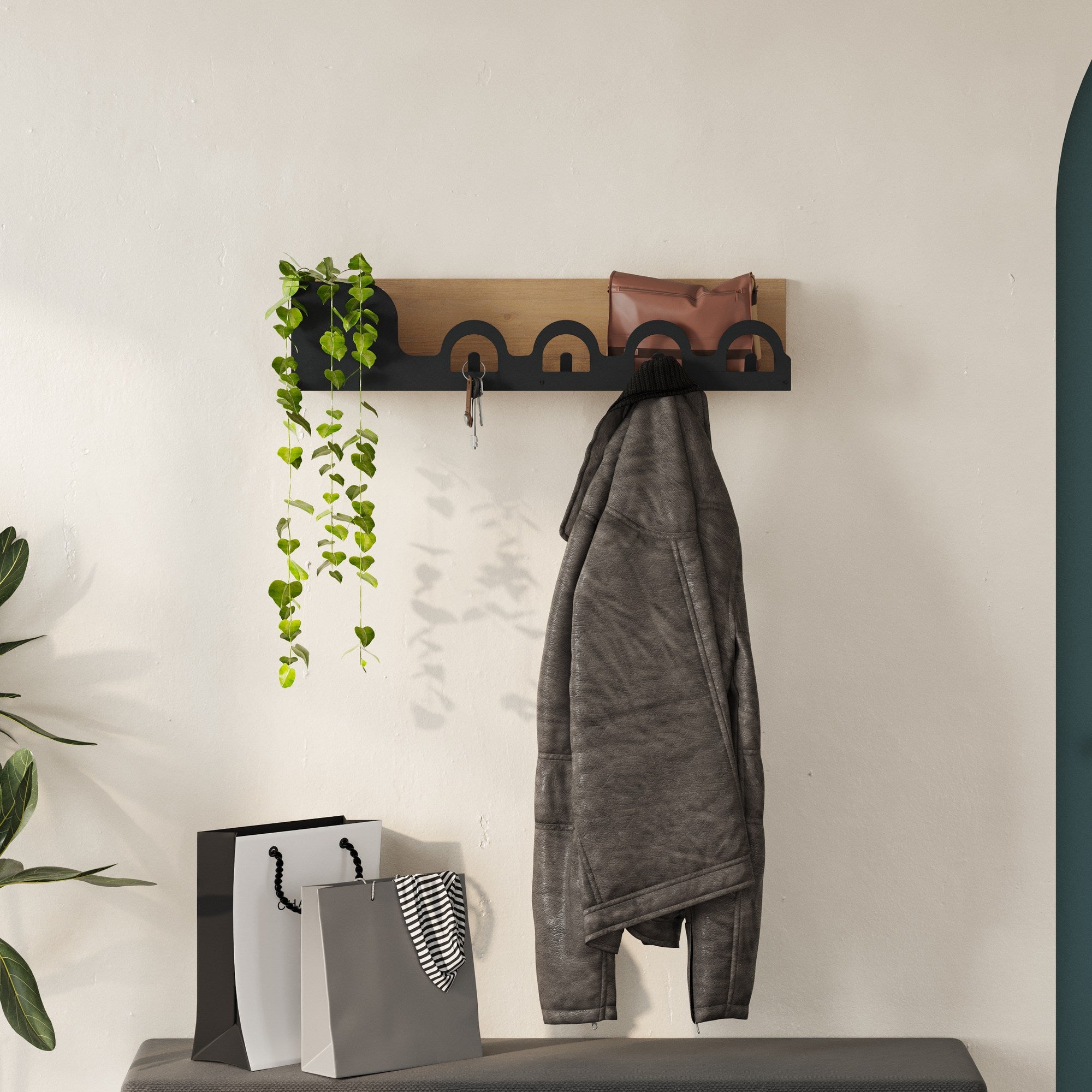 Cabide de metal durável, cor carvalho, 63 x 14 x 14 cm | 100% ferro tingido estático, capacidade de 5 kg | Design de parede para organização elegante