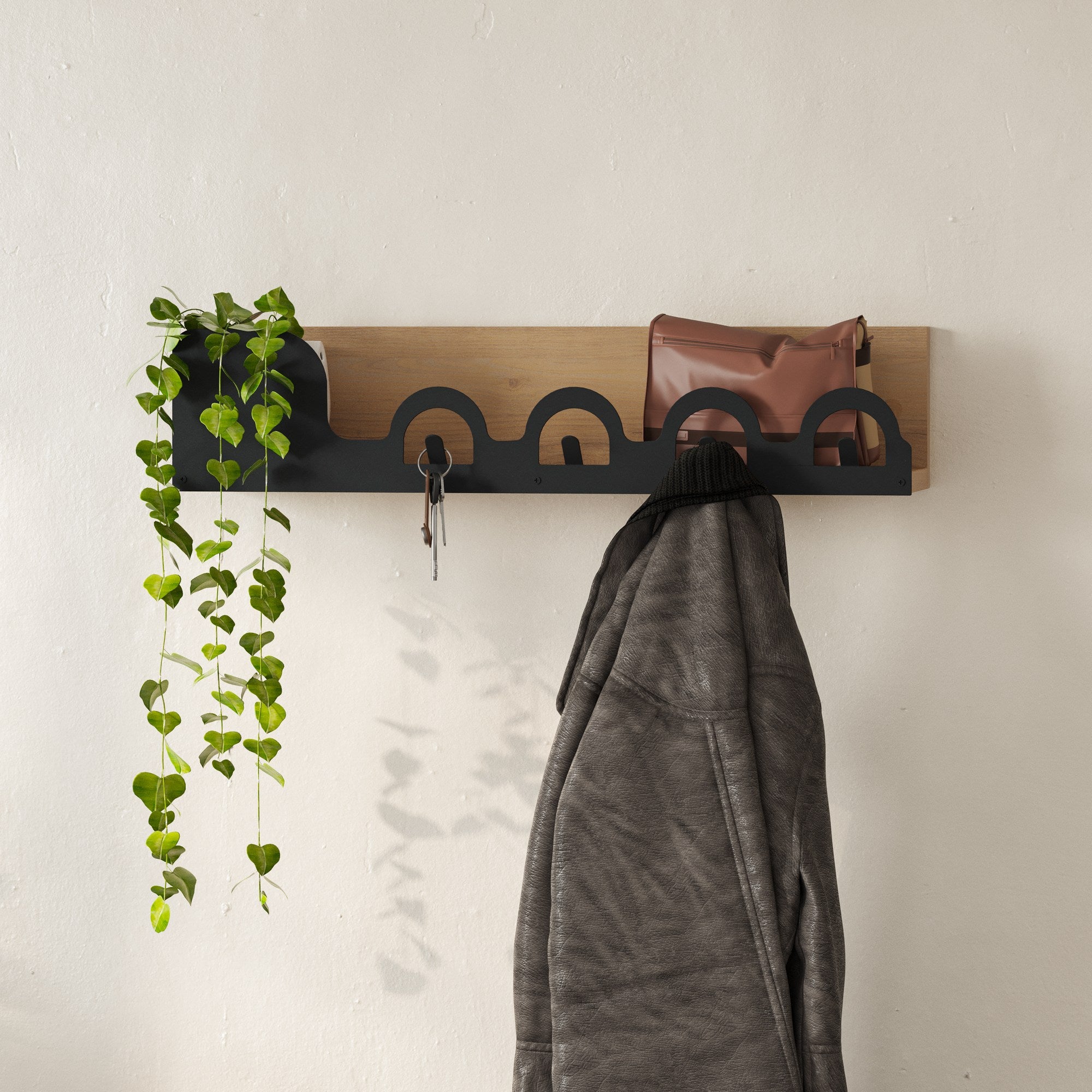 Cabide de metal durável, cor carvalho, 63 x 14 x 14 cm | 100% ferro tingido estático, capacidade de 5 kg | Design de parede para organização elegante