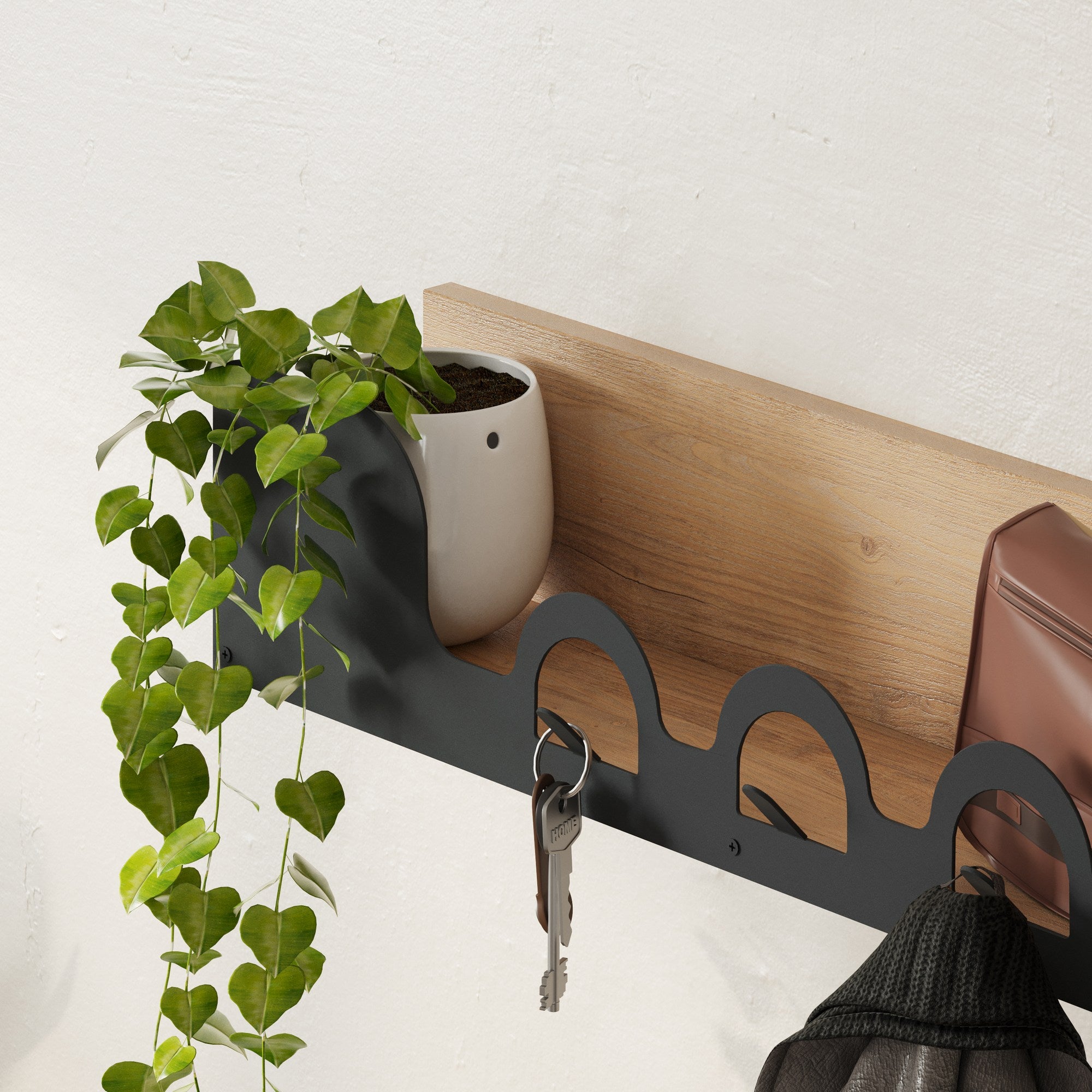 Cabide de metal durável, cor carvalho, 63 x 14 x 14 cm | 100% ferro tingido estático, capacidade de 5 kg | Design de parede para organização elegante