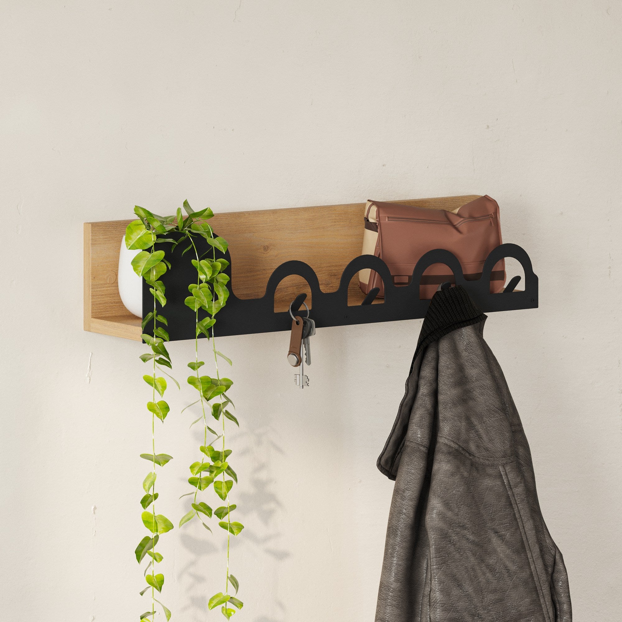 Cabide de metal durável, cor carvalho, 63 x 14 x 14 cm | 100% ferro tingido estático, capacidade de 5 kg | Design de parede para organização elegante