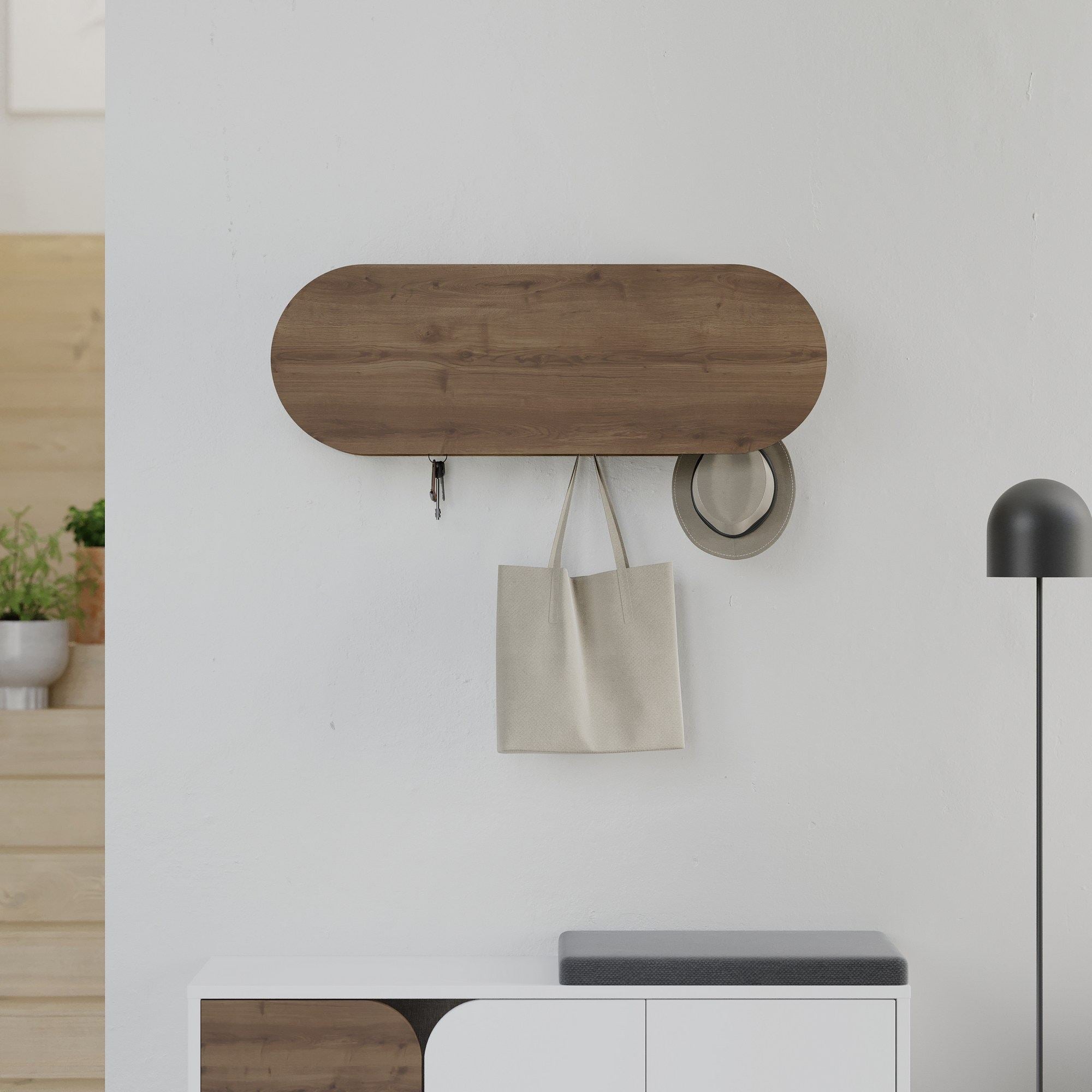Cabide de parede estiloso, cor Hitit, 84 cm | Painel de partículas 100% revestido em melamina, ferro metálico | Dobradiças com fechamento suave, capacidade para 5 kg