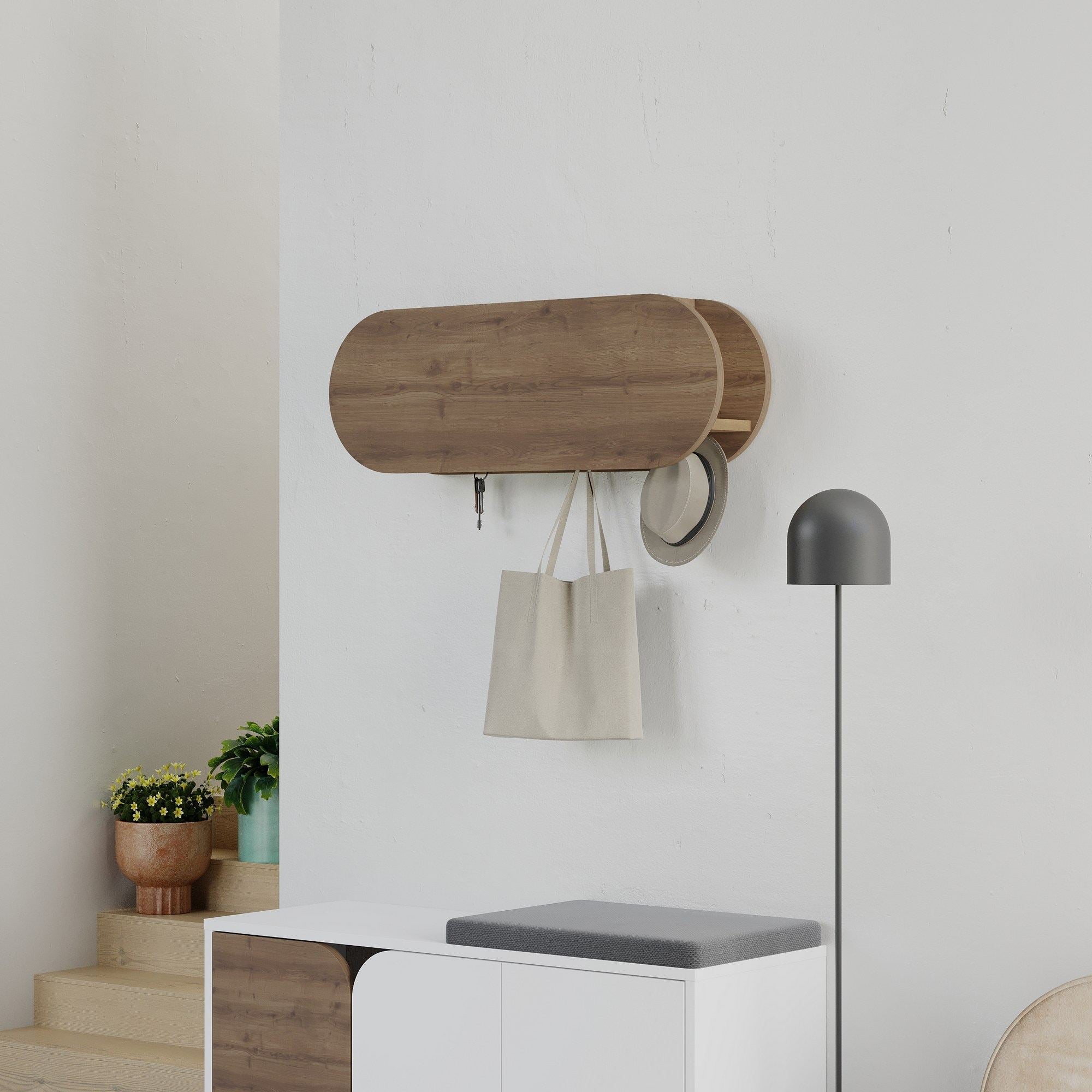Cabide de parede estiloso, cor Hitit, 84 cm | Painel de partículas 100% revestido em melamina, ferro metálico | Dobradiças com fechamento suave, capacidade para 5 kg