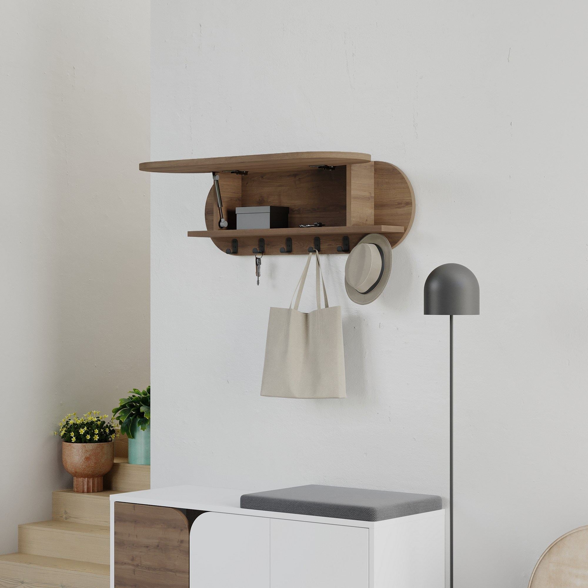 Cabide de parede estiloso, cor Hitit, 84 cm | Painel de partículas 100% revestido em melamina, ferro metálico | Dobradiças com fechamento suave, capacidade para 5 kg