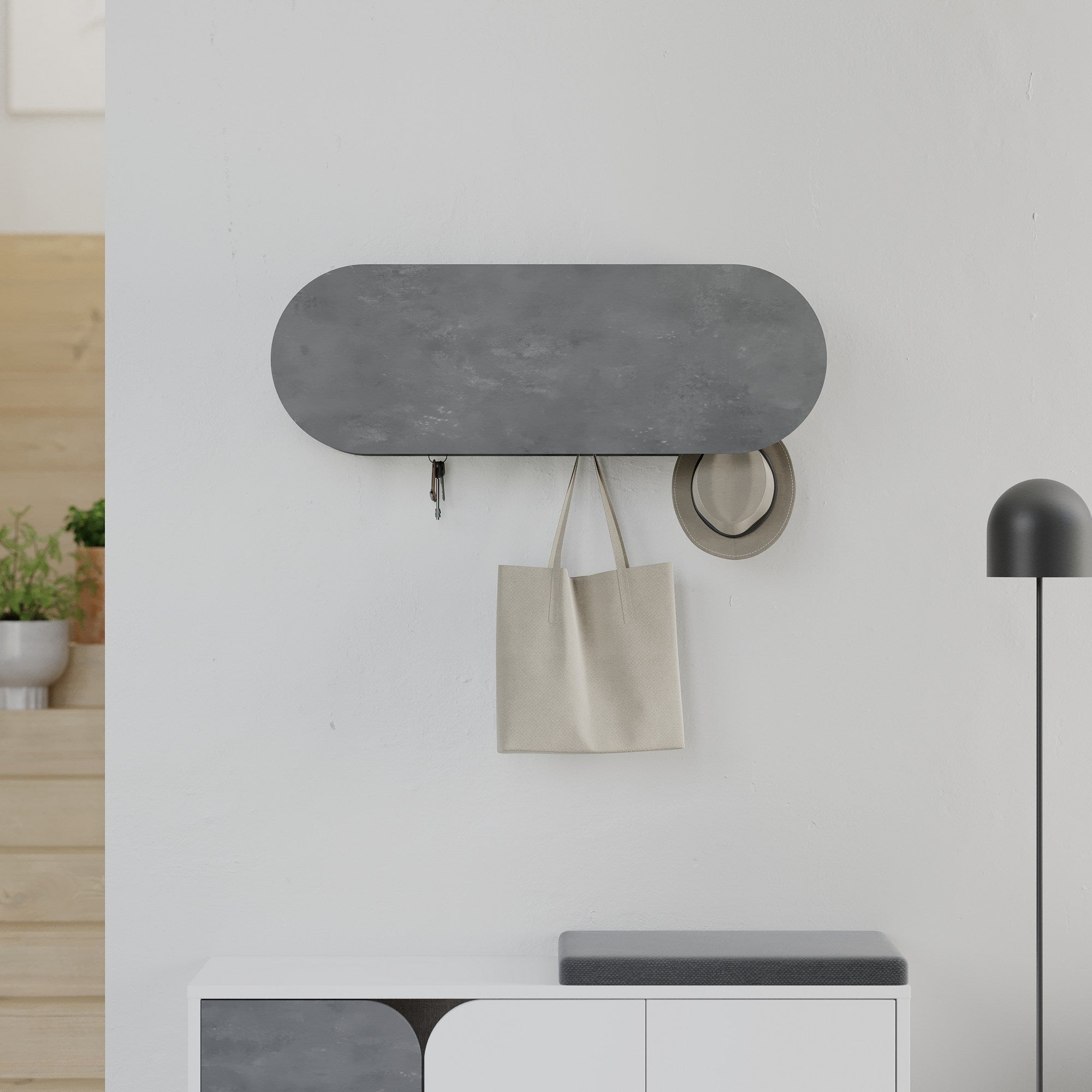 Cabide cinza estiloso, 84 cm de largura | Painel de partículas 100% revestido em melamina e metal | Dobradiças de fechamento suave, montagem na parede, capacidade de 5 kg | Design moderno