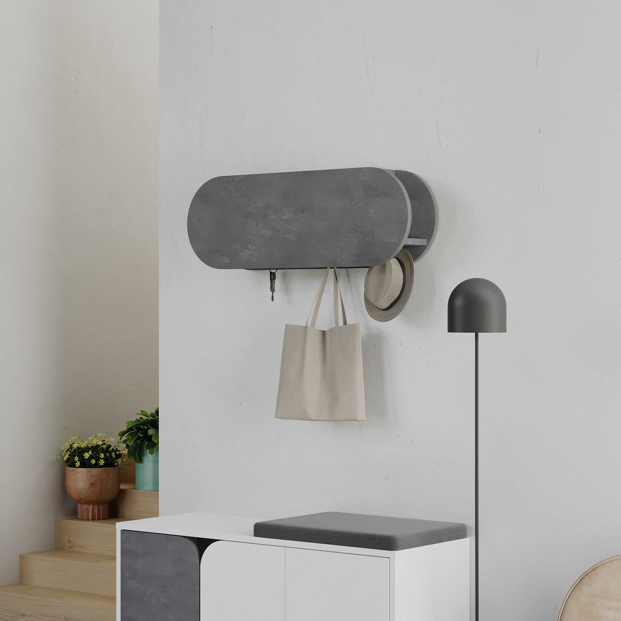 Cabide cinza estiloso, 84 cm de largura | Painel de partículas 100% revestido em melamina e metal | Dobradiças de fechamento suave, montagem na parede, capacidade de 5 kg | Design moderno