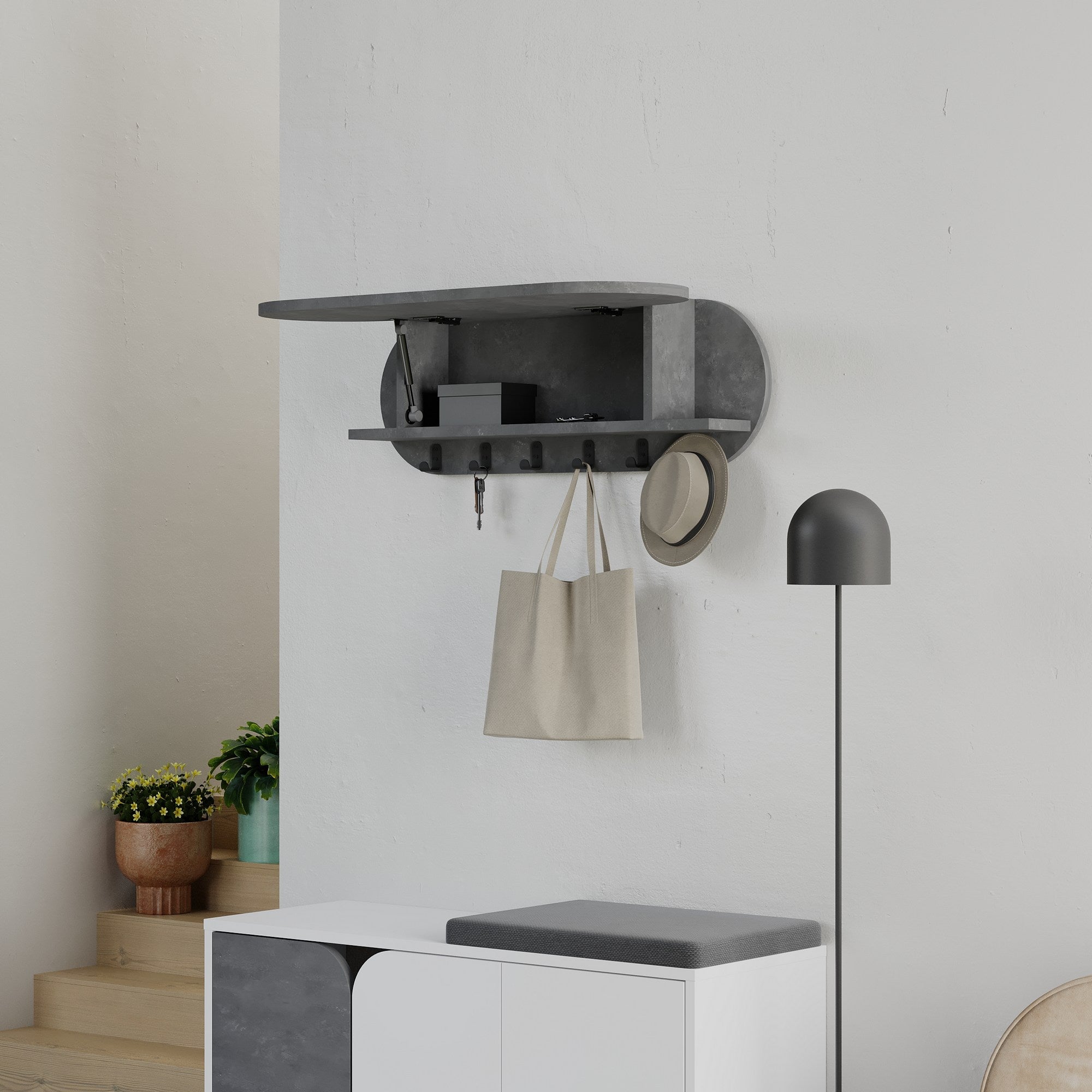 Cabide cinza estiloso, 84 cm de largura | Painel de partículas 100% revestido em melamina e metal | Dobradiças de fechamento suave, montagem na parede, capacidade de 5 kg | Design moderno