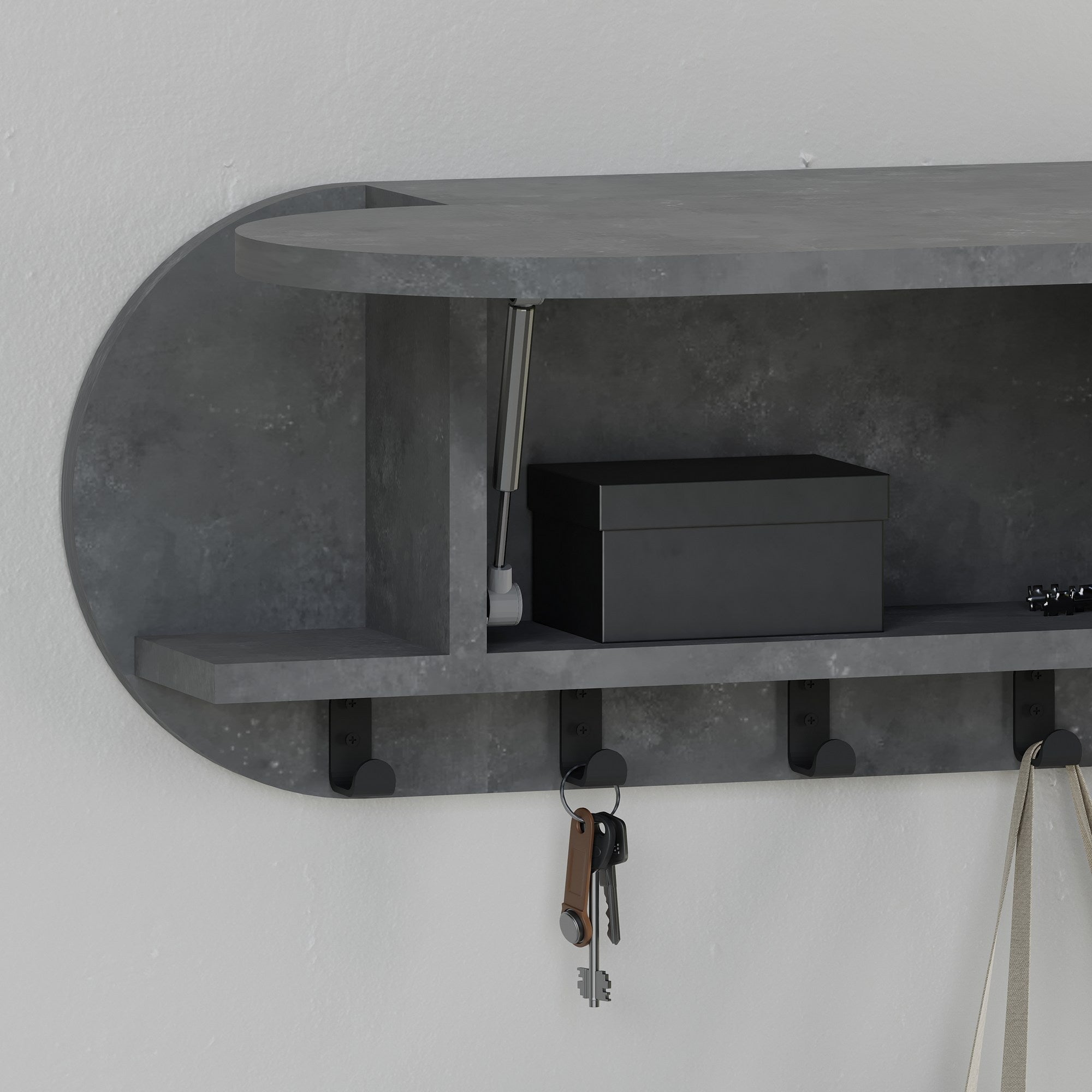 Cabide cinza estiloso, 84 cm de largura | Painel de partículas 100% revestido em melamina e metal | Dobradiças de fechamento suave, montagem na parede, capacidade de 5 kg | Design moderno