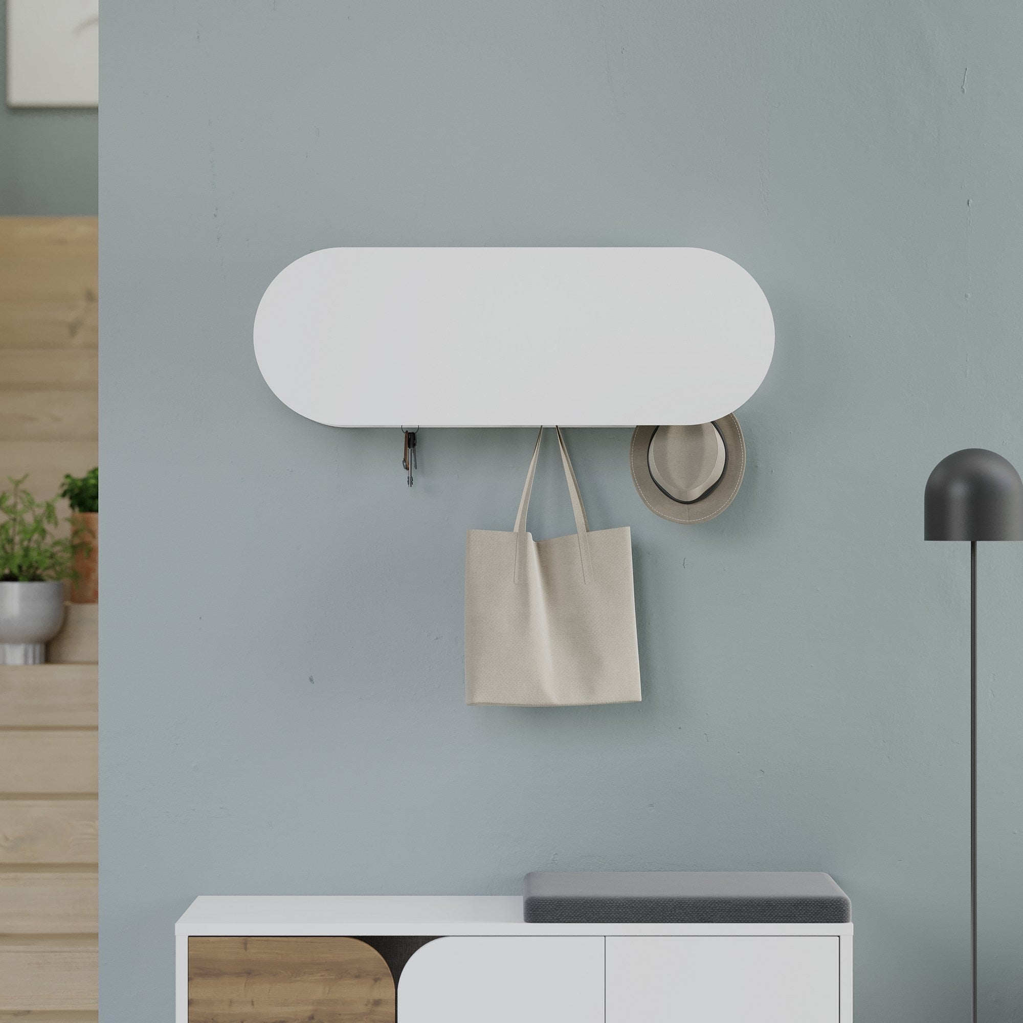 Cabide de parede elegante, branco, 84 cm | Painel de partículas 100% revestido de melamina, ferro metálico | Dobradiças de fechamento suave, capacidade de 5 kg, design elegante