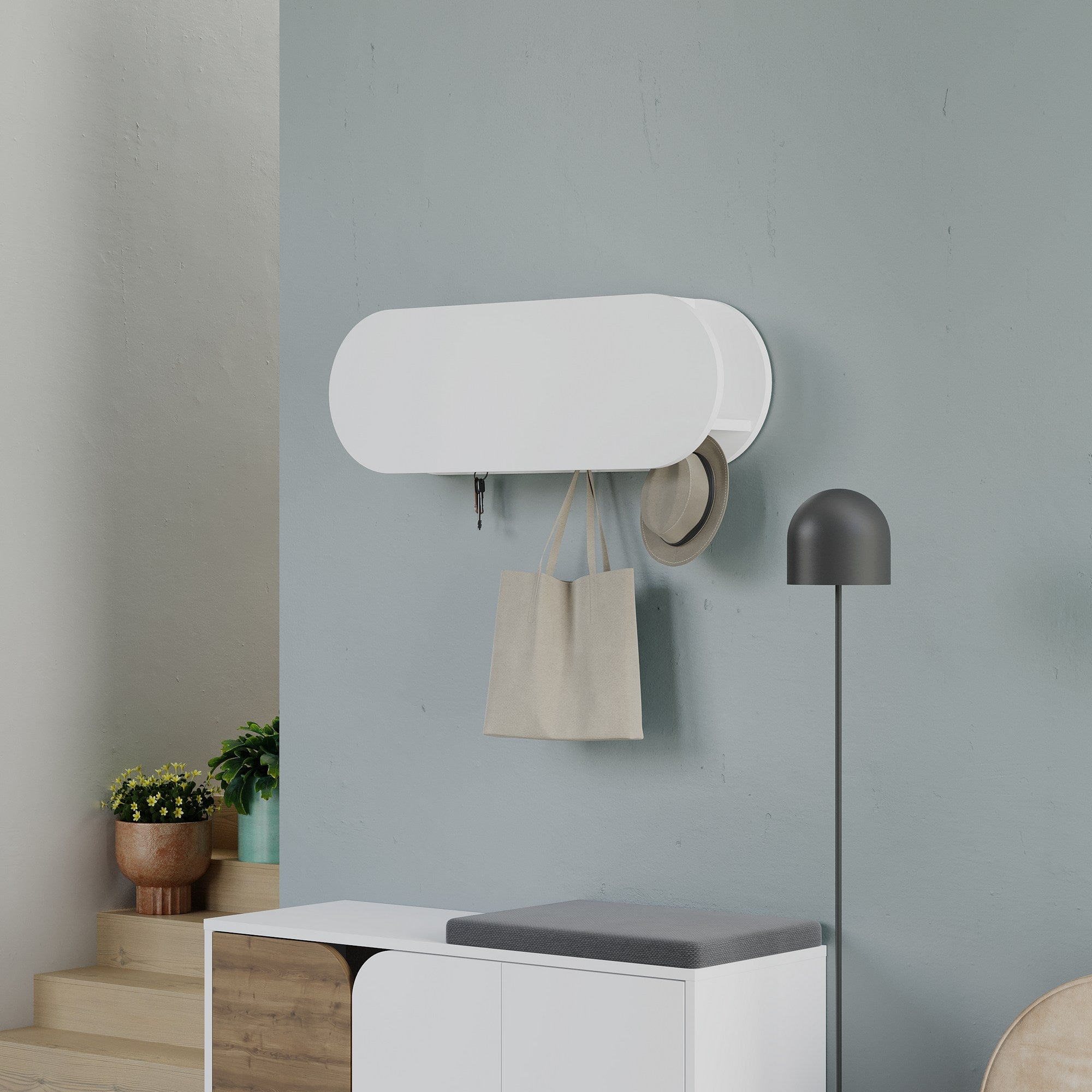 Cabide de parede elegante, branco, 84 cm | Painel de partículas 100% revestido de melamina, ferro metálico | Dobradiças de fechamento suave, capacidade de 5 kg, design elegante