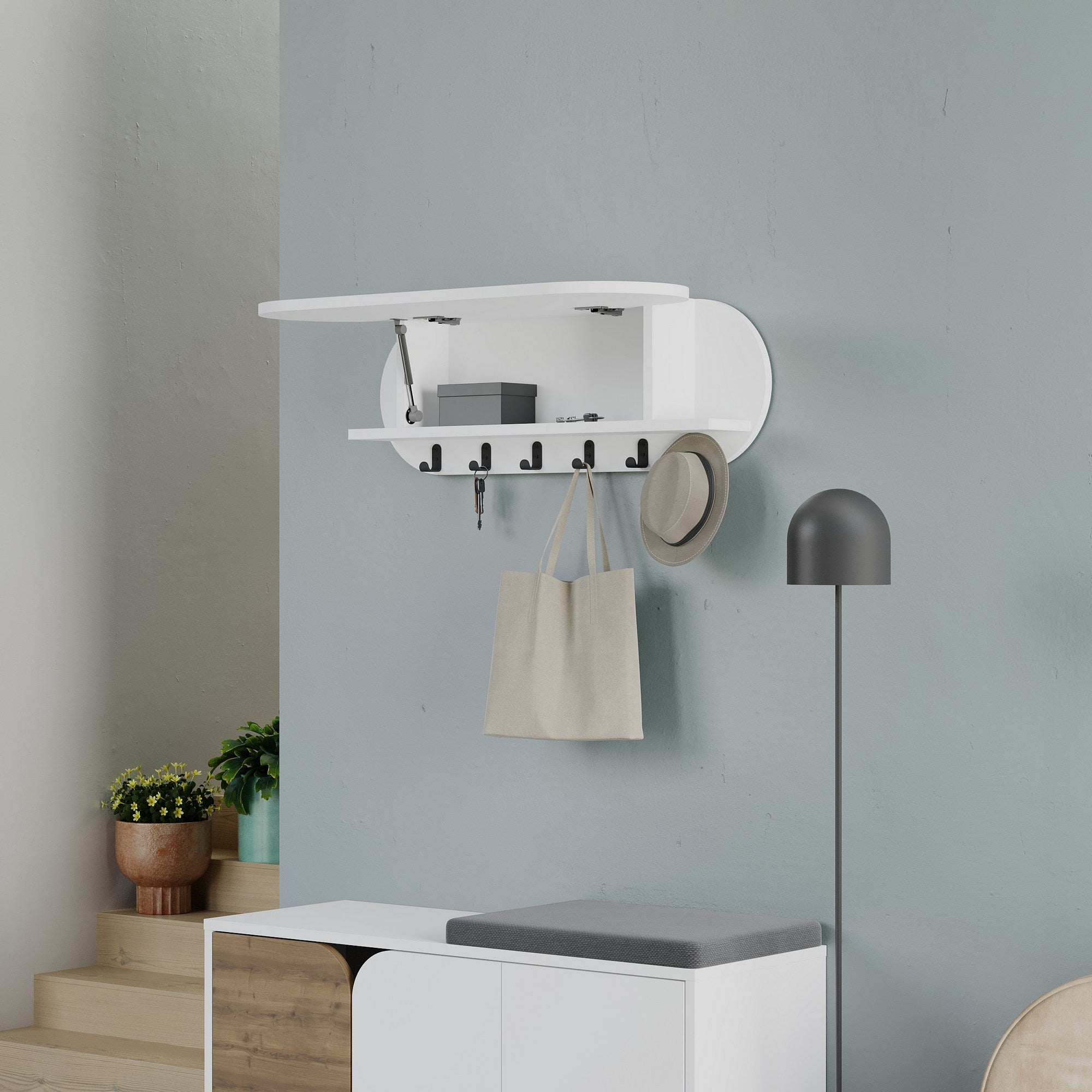 Cabide de parede elegante, branco, 84 cm | Painel de partículas 100% revestido de melamina, ferro metálico | Dobradiças de fechamento suave, capacidade de 5 kg, design elegante