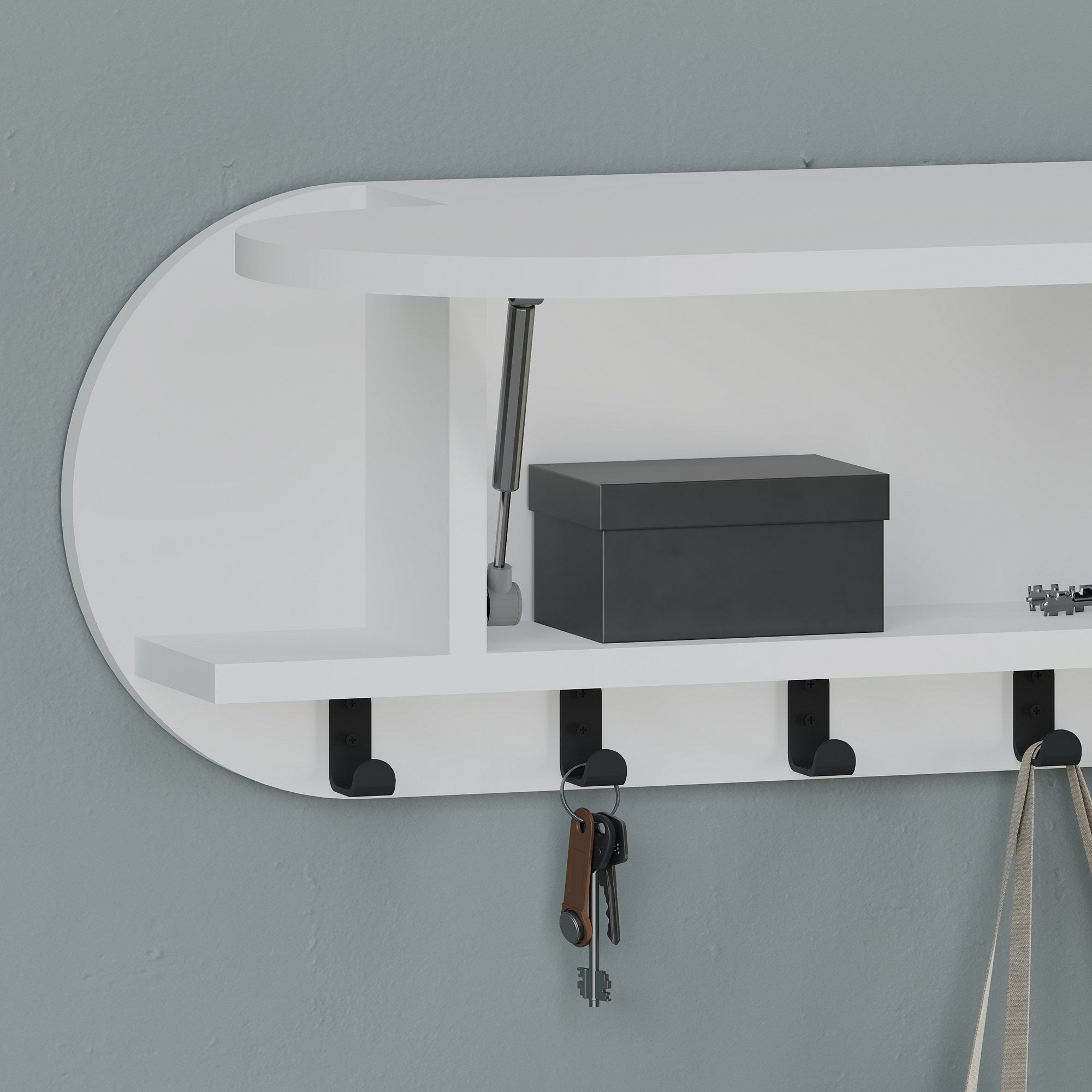 Cabide de parede elegante, branco, 84 cm | Painel de partículas 100% revestido de melamina, ferro metálico | Dobradiças de fechamento suave, capacidade de 5 kg, design elegante