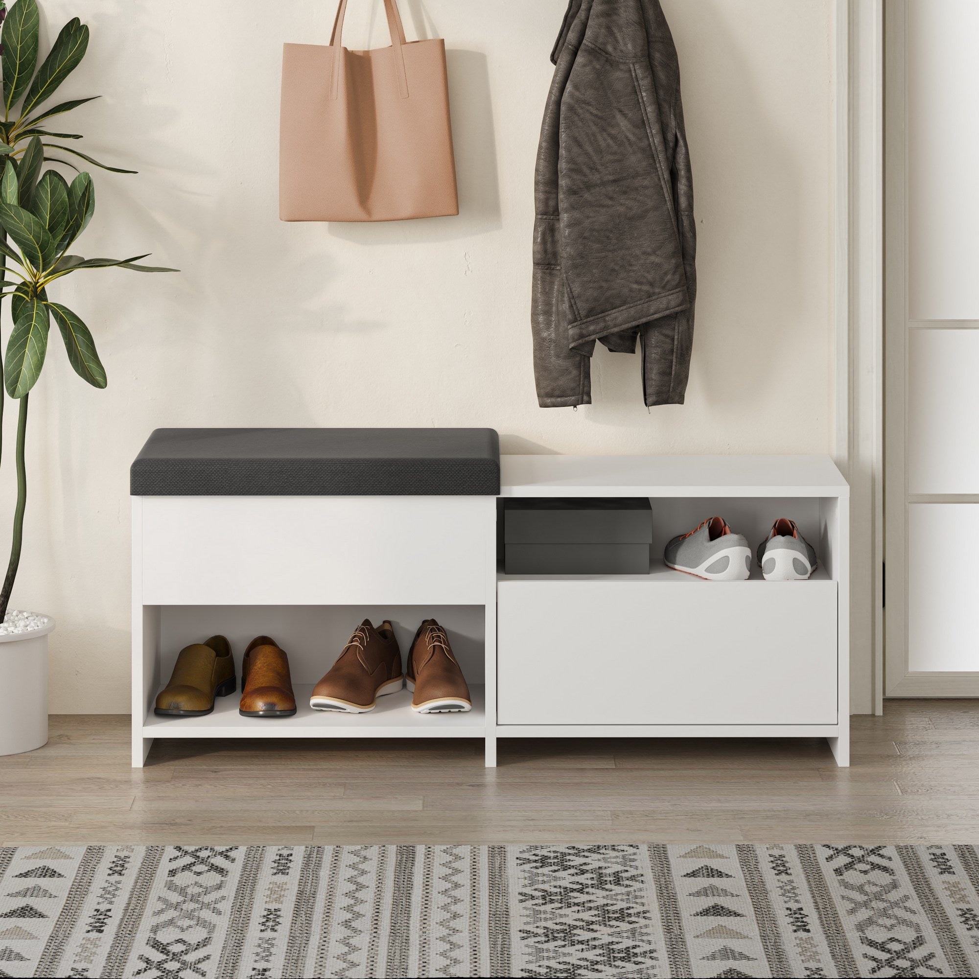 Elegante sapateira branca, 120,3 cm | Painel de partículas 100% revestido de melamina, 18 mm de espessura | Capacidade de 80 kg, Pés de 5 cm | Perfeito para entradas modernas