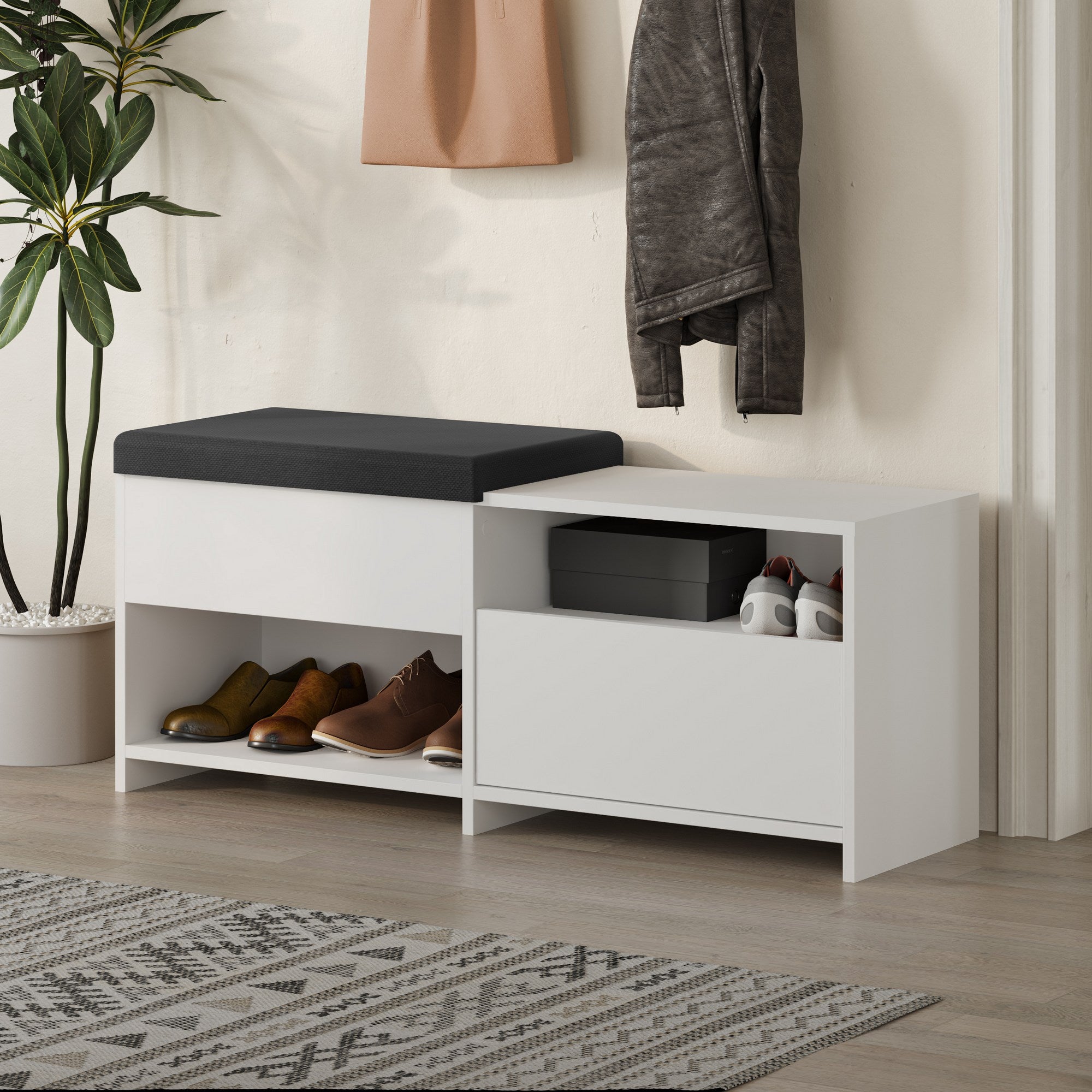 Elegante sapateira branca, 120,3 cm | Painel de partículas 100% revestido de melamina, 18 mm de espessura | Capacidade de 80 kg, Pés de 5 cm | Perfeito para entradas modernas