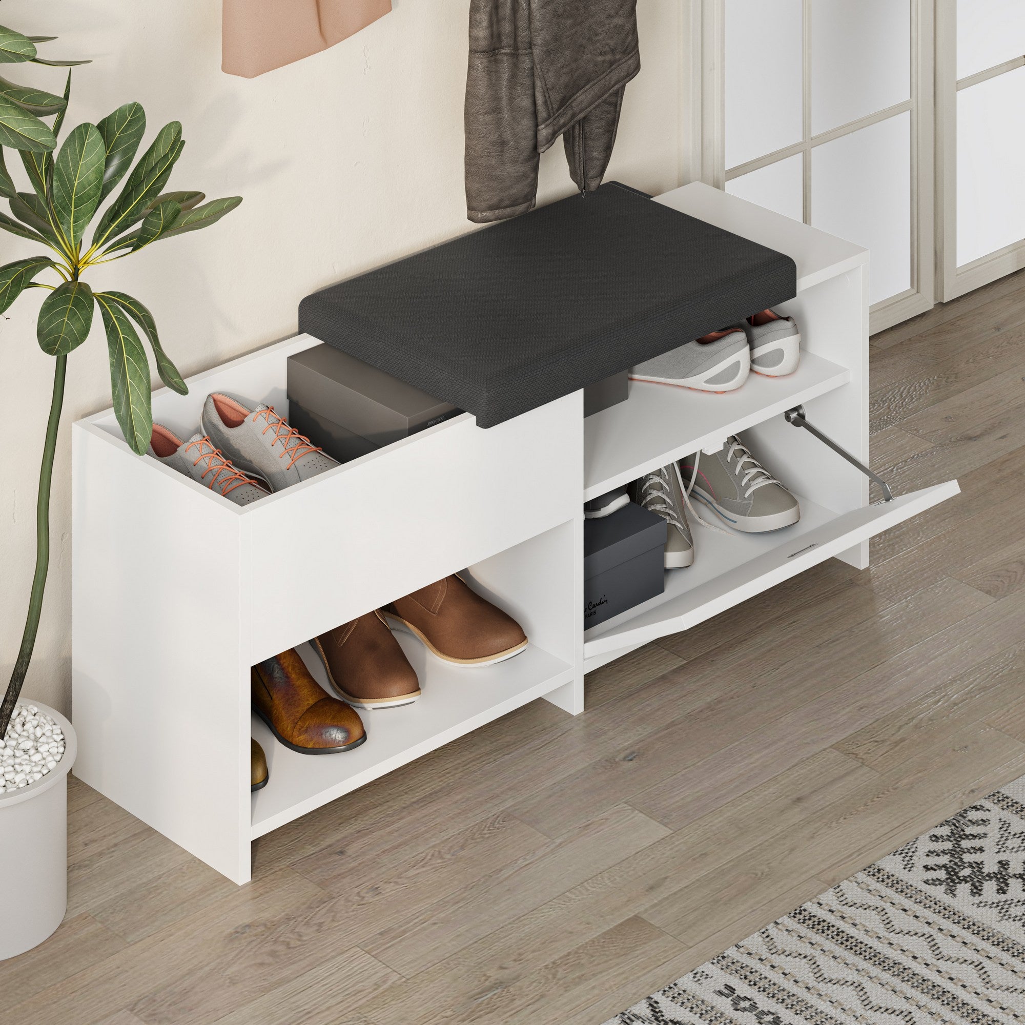 Elegante sapateira branca, 120,3 cm | Painel de partículas 100% revestido de melamina, 18 mm de espessura | Capacidade de 80 kg, Pés de 5 cm | Perfeito para entradas modernas