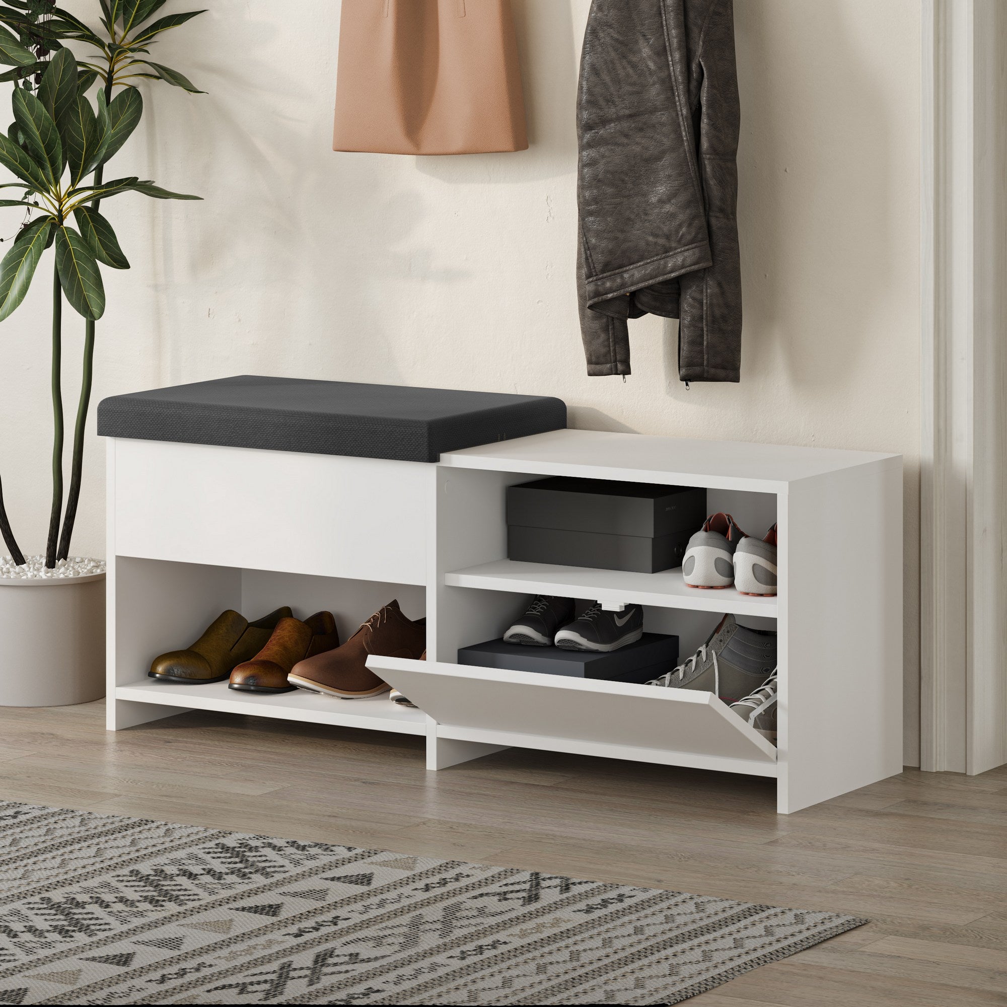 Elegante sapateira branca, 120,3 cm | Painel de partículas 100% revestido de melamina, 18 mm de espessura | Capacidade de 80 kg, Pés de 5 cm | Perfeito para entradas modernas