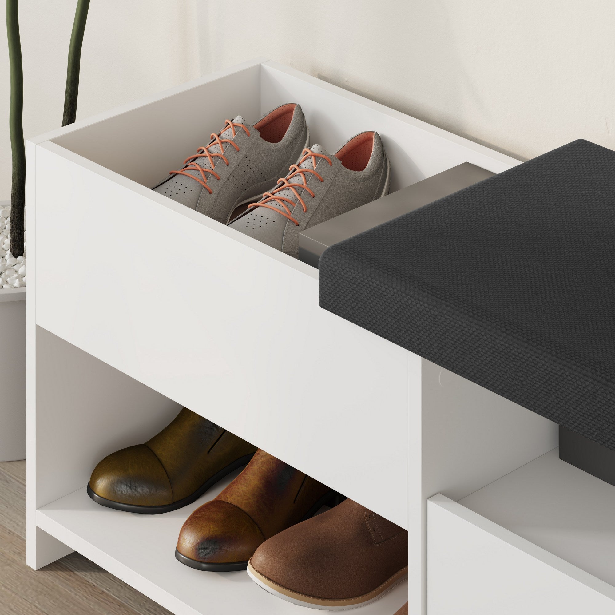 Elegante sapateira branca, 120,3 cm | Painel de partículas 100% revestido de melamina, 18 mm de espessura | Capacidade de 80 kg, Pés de 5 cm | Perfeito para entradas modernas