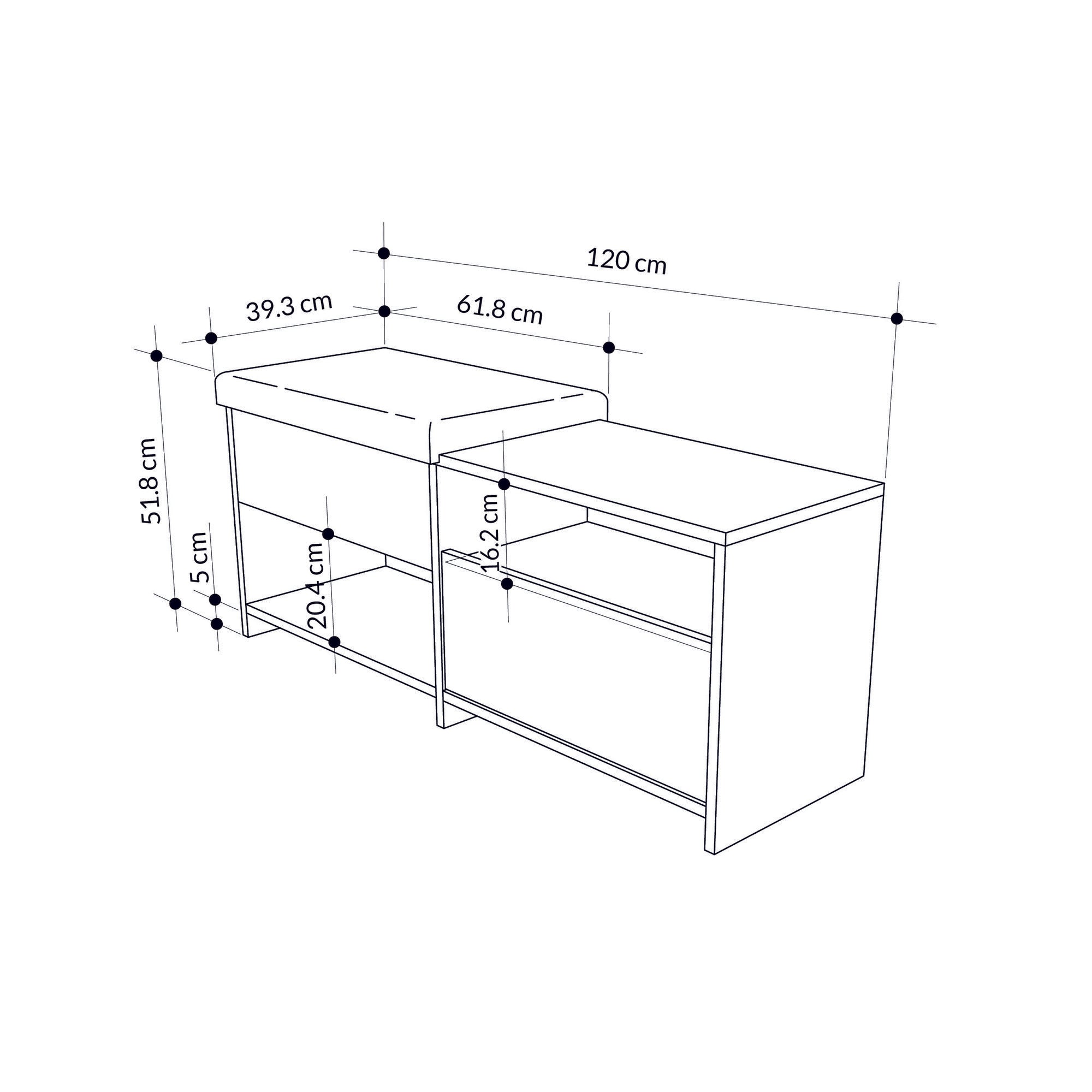 Elegante sapateira branca, 120,3 cm | Painel de partículas 100% revestido de melamina, 18 mm de espessura | Capacidade de 80 kg, Pés de 5 cm | Perfeito para entradas modernas