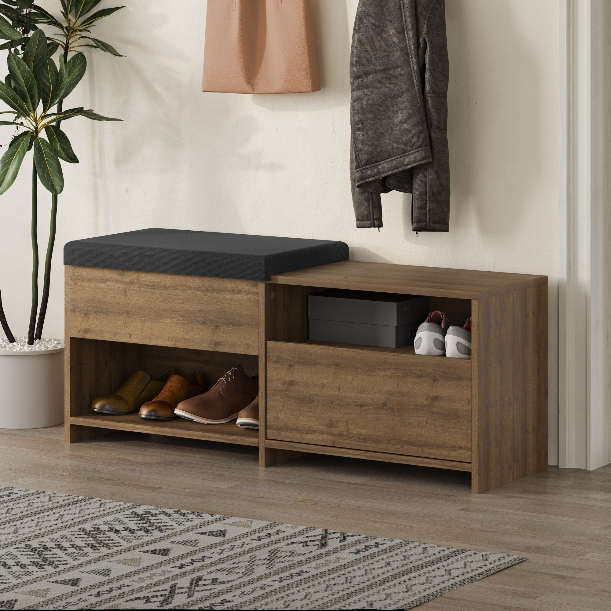 Sapateira estilosa, cor Hitit, 120,3 x 51 x 40,5 cm | Painel de partículas 100% revestido de melamina, 18 mm de espessura | Solução de armazenamento durável e funcional