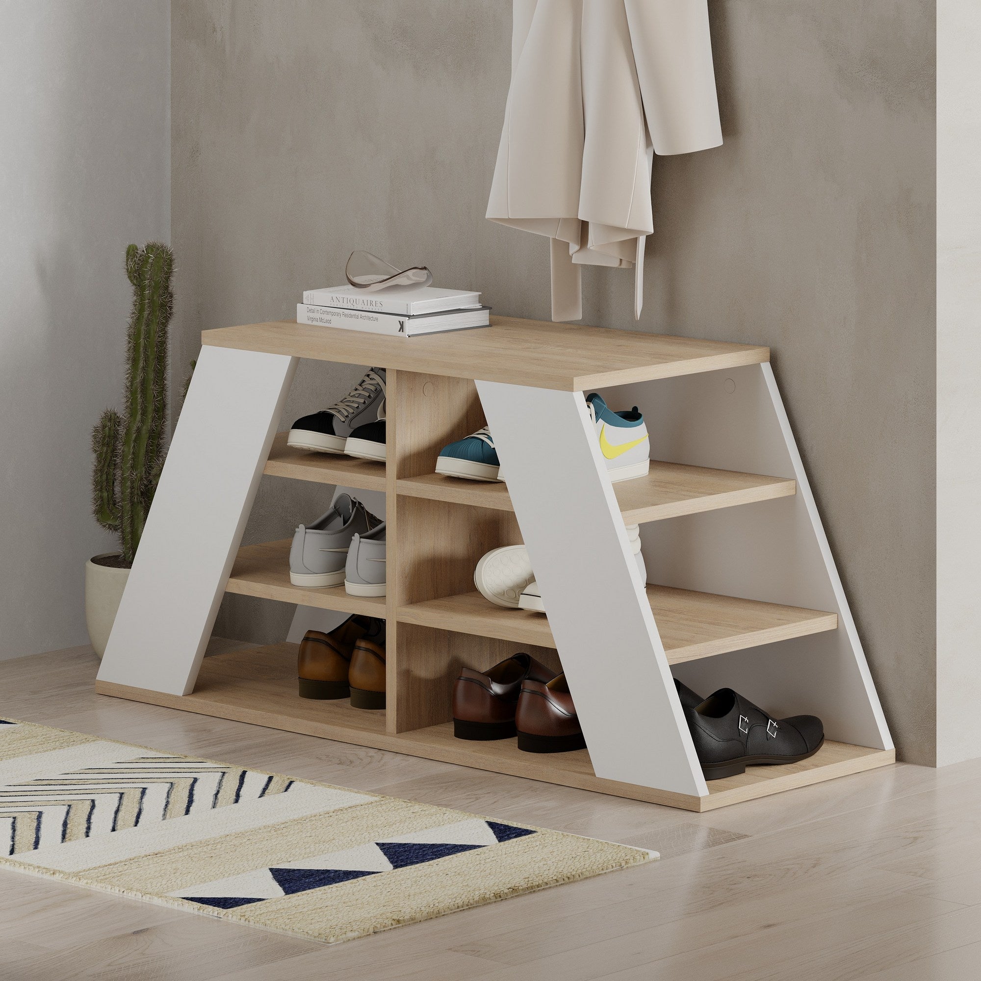 Sapateira estilosa, carvalho e branco, 105,5 x 50 x 37,5 cm | Painel de partículas 100% revestido em melamina, 18 mm de espessura | Durável, capacidade para 80 kg, design moderno