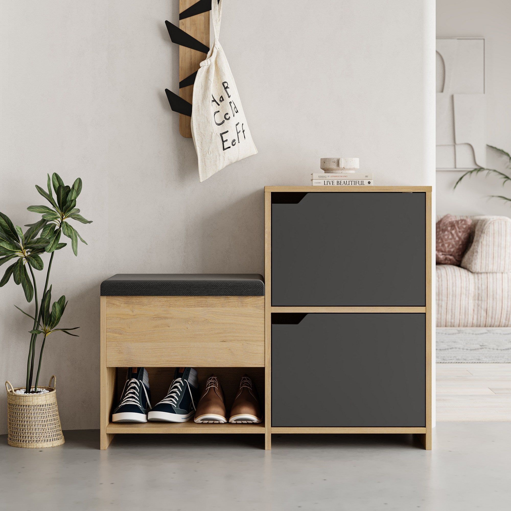 Sapateira estilosa, antracite e carvalho, 101,5 x 80,5 x 35,5 cm | 100% revestida em melamina, dobradiças de fechamento suave, capacidade para 80 kg | Design moderno para entrada
