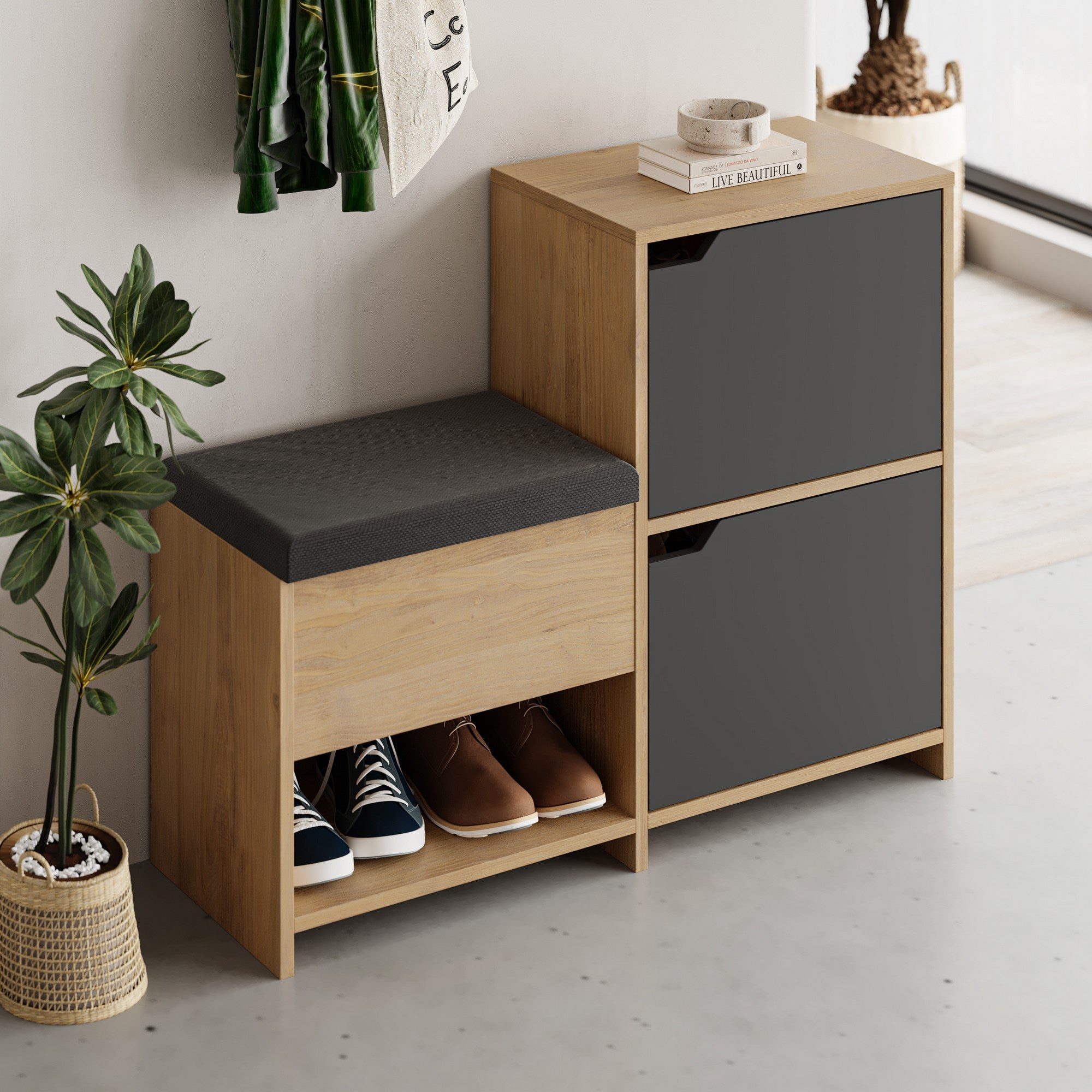Sapateira estilosa, antracite e carvalho, 101,5 x 80,5 x 35,5 cm | 100% revestida em melamina, dobradiças de fechamento suave, capacidade para 80 kg | Design moderno para entrada