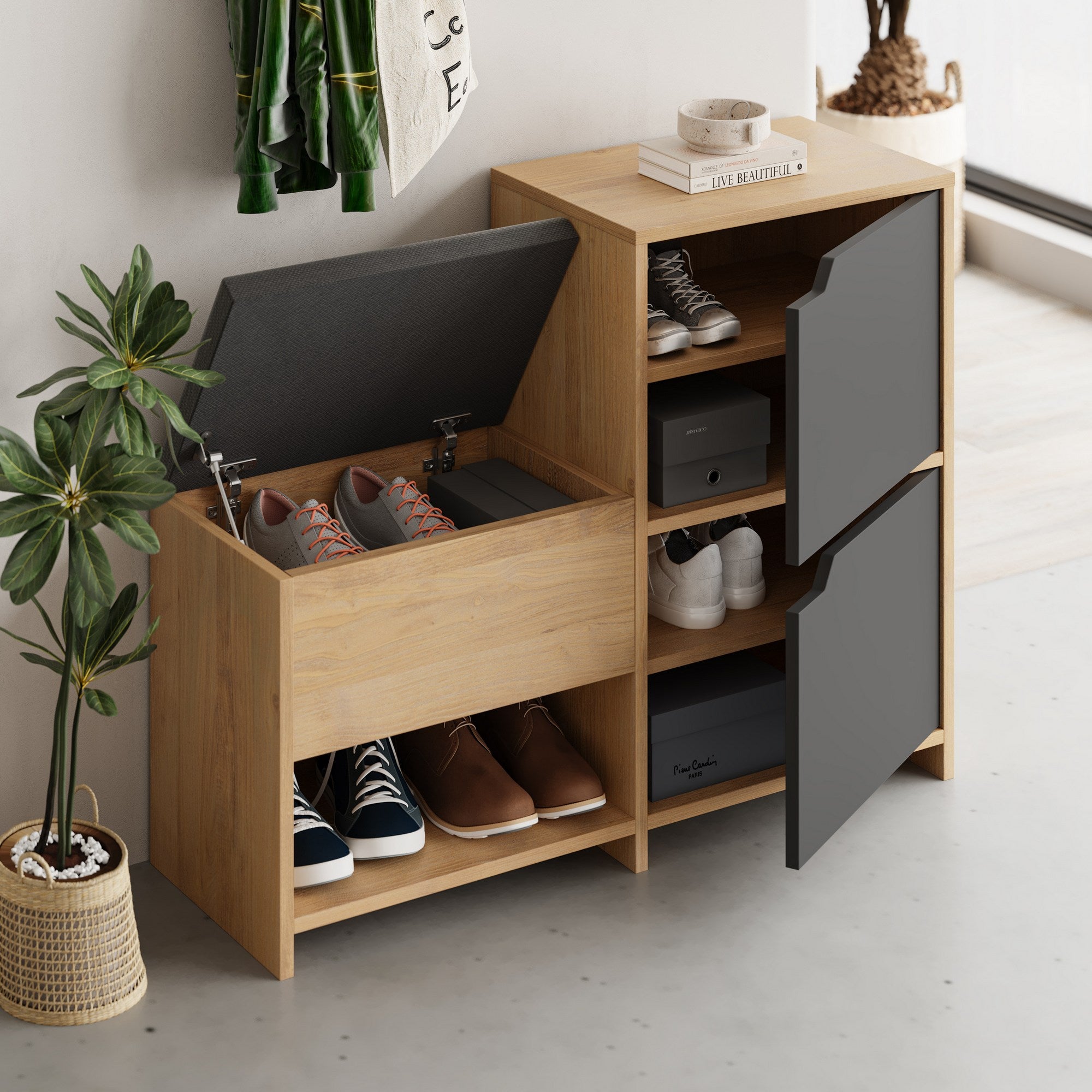 Sapateira estilosa, antracite e carvalho, 101,5 x 80,5 x 35,5 cm | 100% revestida em melamina, dobradiças de fechamento suave, capacidade para 80 kg | Design moderno para entrada