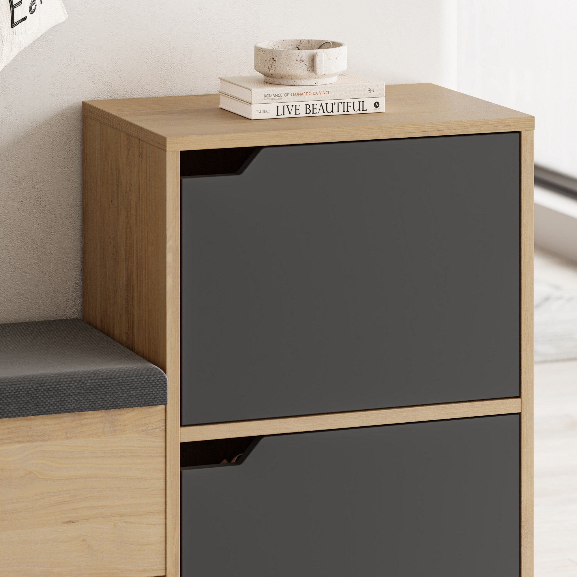 Sapateira estilosa, antracite e carvalho, 101,5 x 80,5 x 35,5 cm | 100% revestida em melamina, dobradiças de fechamento suave, capacidade para 80 kg | Design moderno para entrada