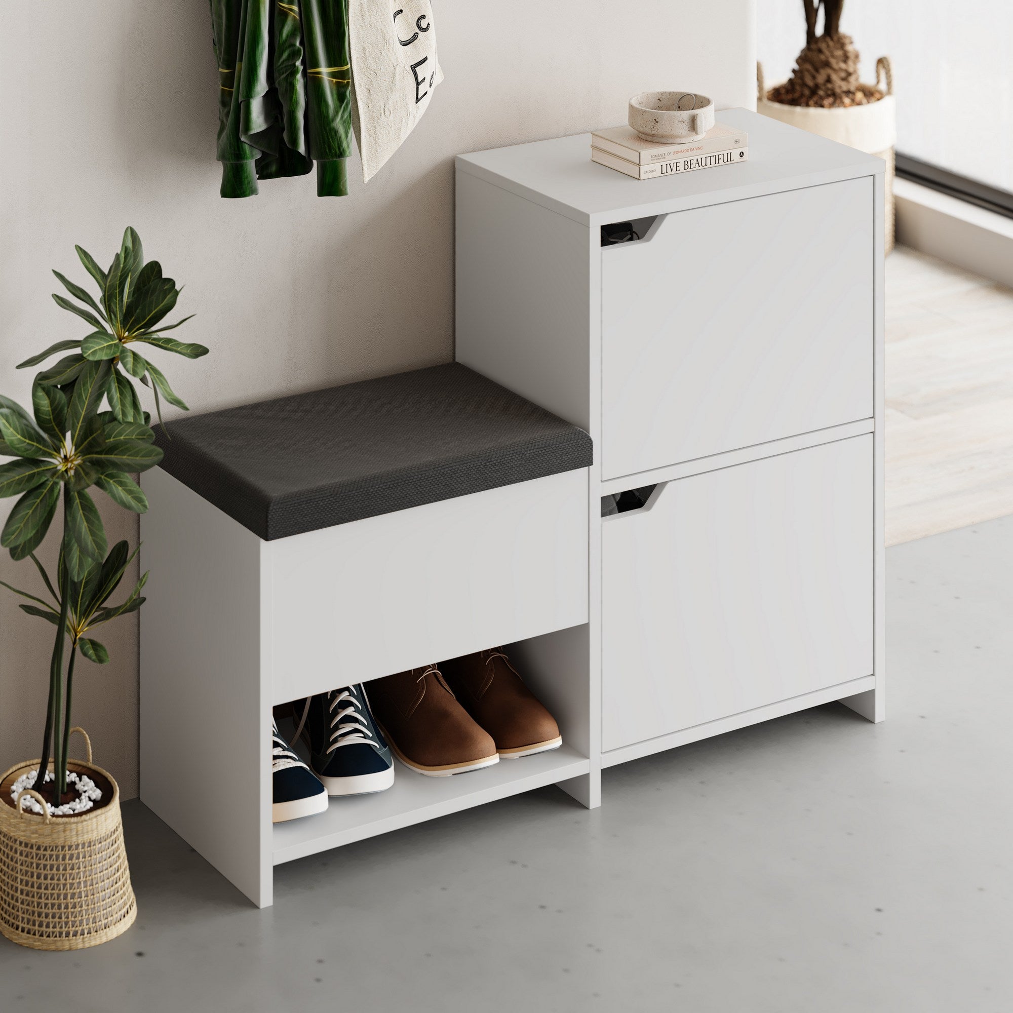 Elegante sapateira branca, 101,5 x 80,5 x 35,5 cm | 100% revestida em melamina, dobradiças de fechamento suave, capacidade para 80 kg | Ideal para entradas e corredores modernos