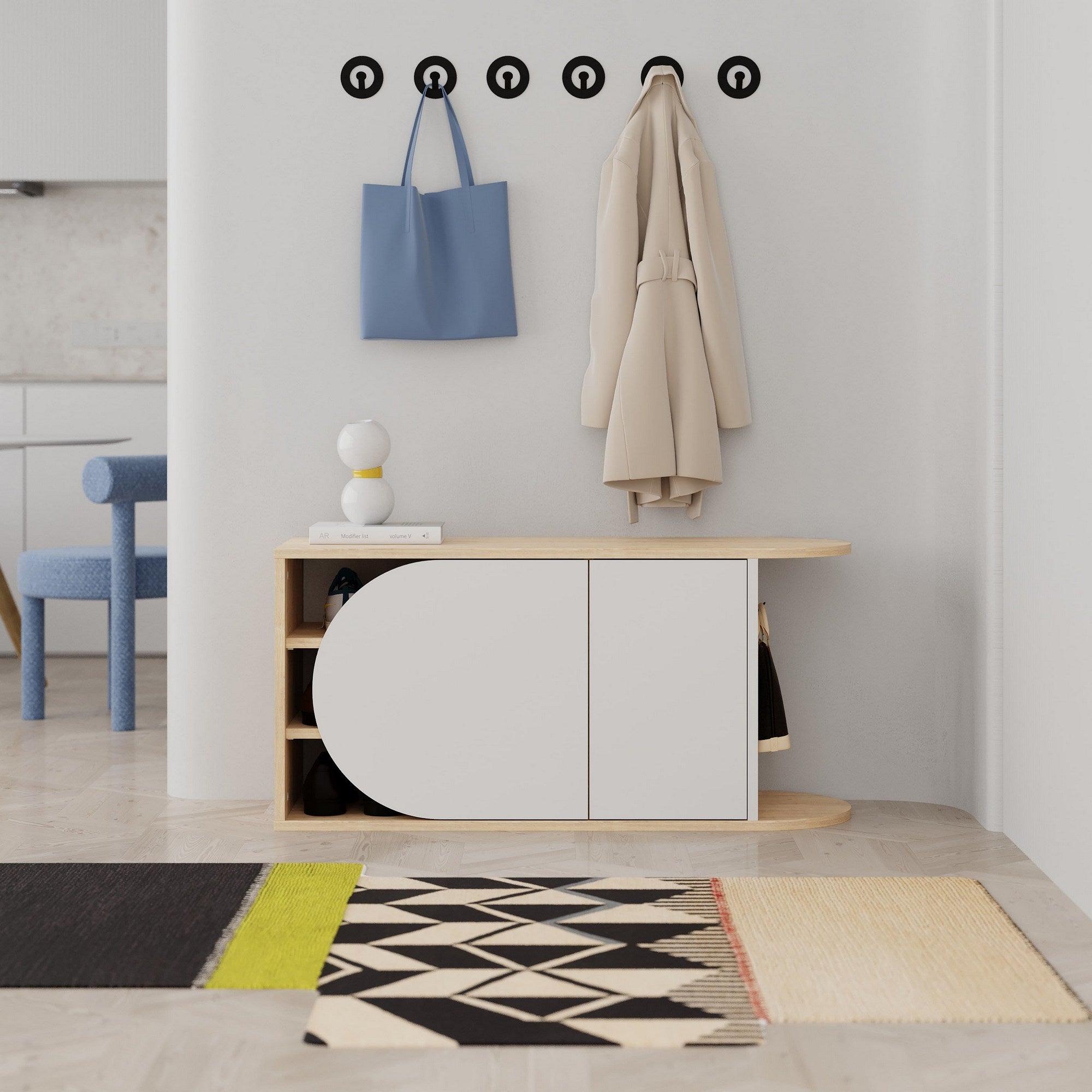 Sapateira estilosa, carvalho e branco, 104 x 50 x 37 cm | Painel de partículas 100% revestido em melamina, 18 mm de espessura | Dobradiças com fechamento suave, capacidade para 80 kg, design moderno