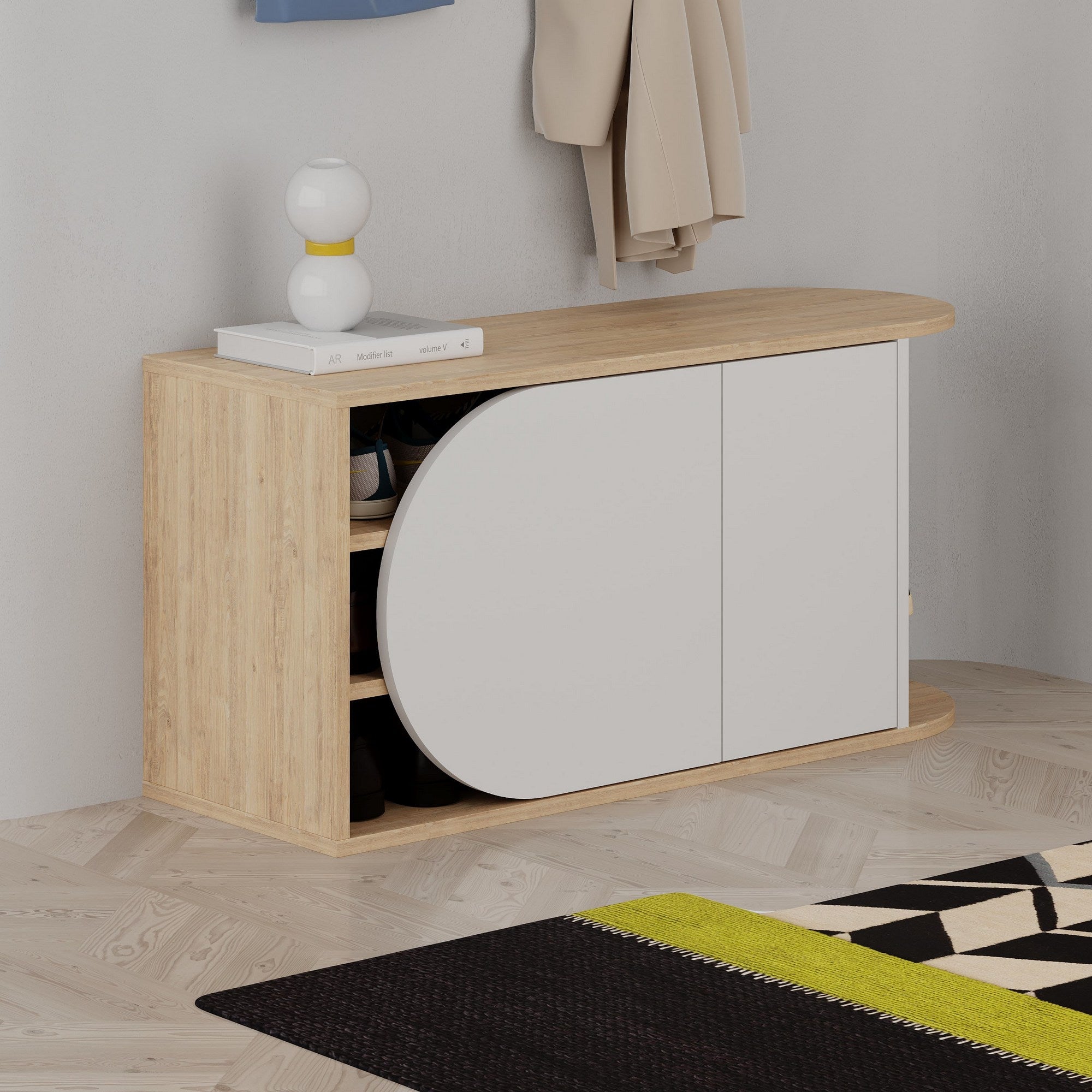 Sapateira estilosa, carvalho e branco, 104 x 50 x 37 cm | Painel de partículas 100% revestido em melamina, 18 mm de espessura | Dobradiças com fechamento suave, capacidade para 80 kg, design moderno