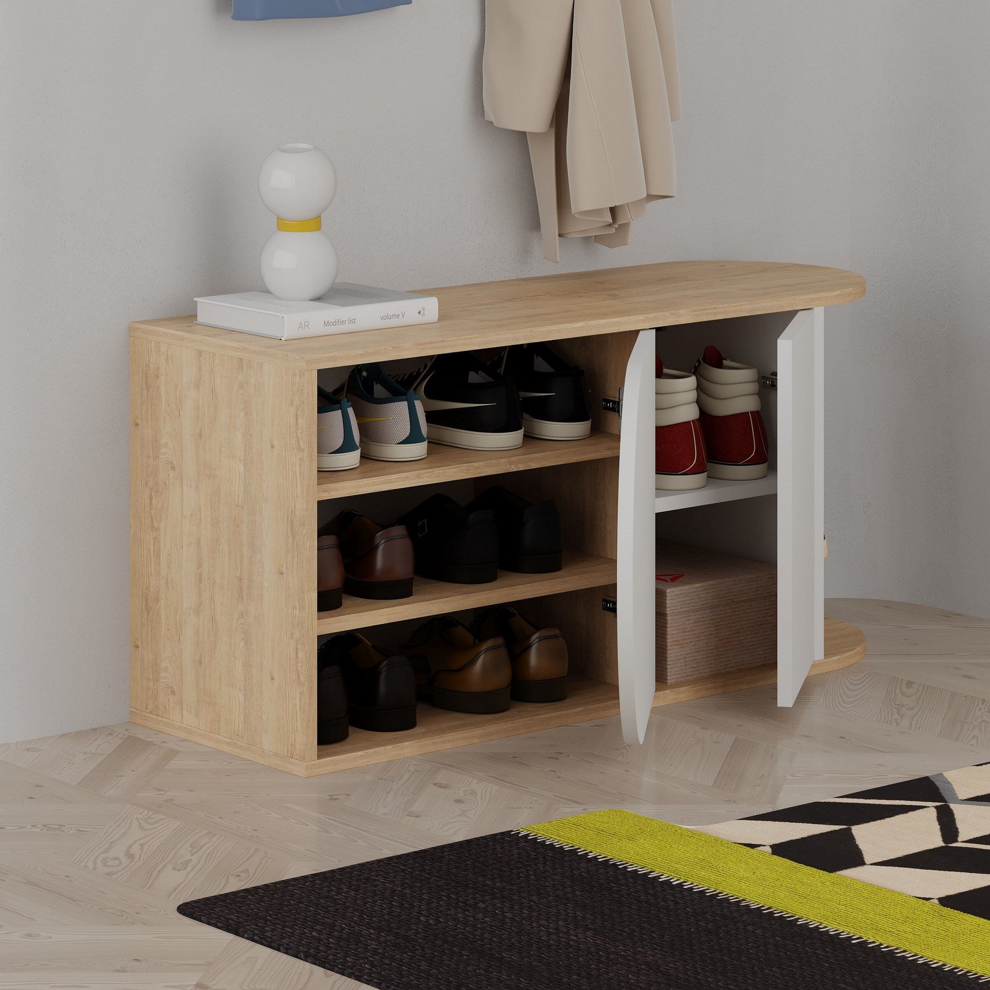 Sapateira estilosa, carvalho e branco, 104 x 50 x 37 cm | Painel de partículas 100% revestido em melamina, 18 mm de espessura | Dobradiças com fechamento suave, capacidade para 80 kg, design moderno
