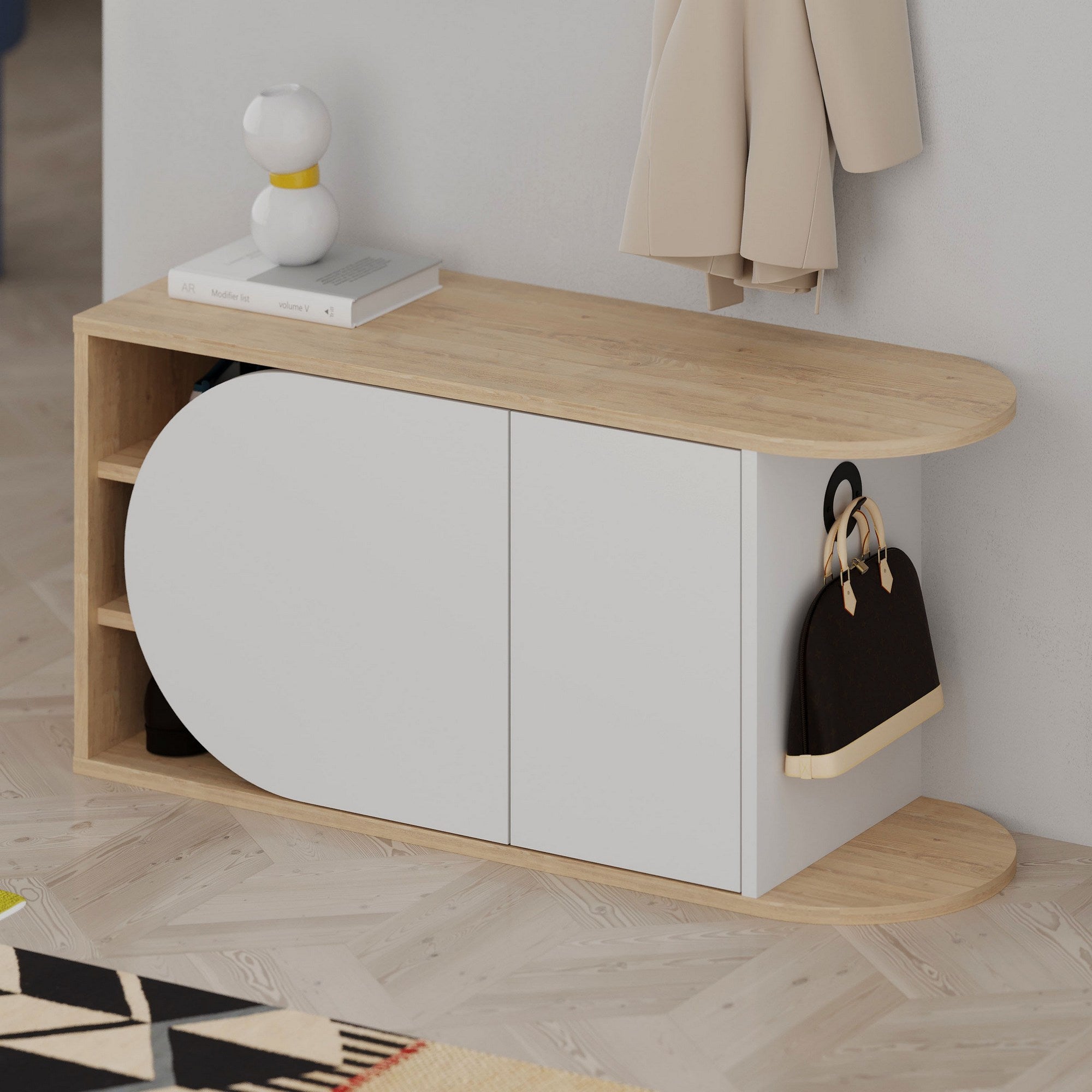 Sapateira estilosa, carvalho e branco, 104 x 50 x 37 cm | Painel de partículas 100% revestido em melamina, 18 mm de espessura | Dobradiças com fechamento suave, capacidade para 80 kg, design moderno