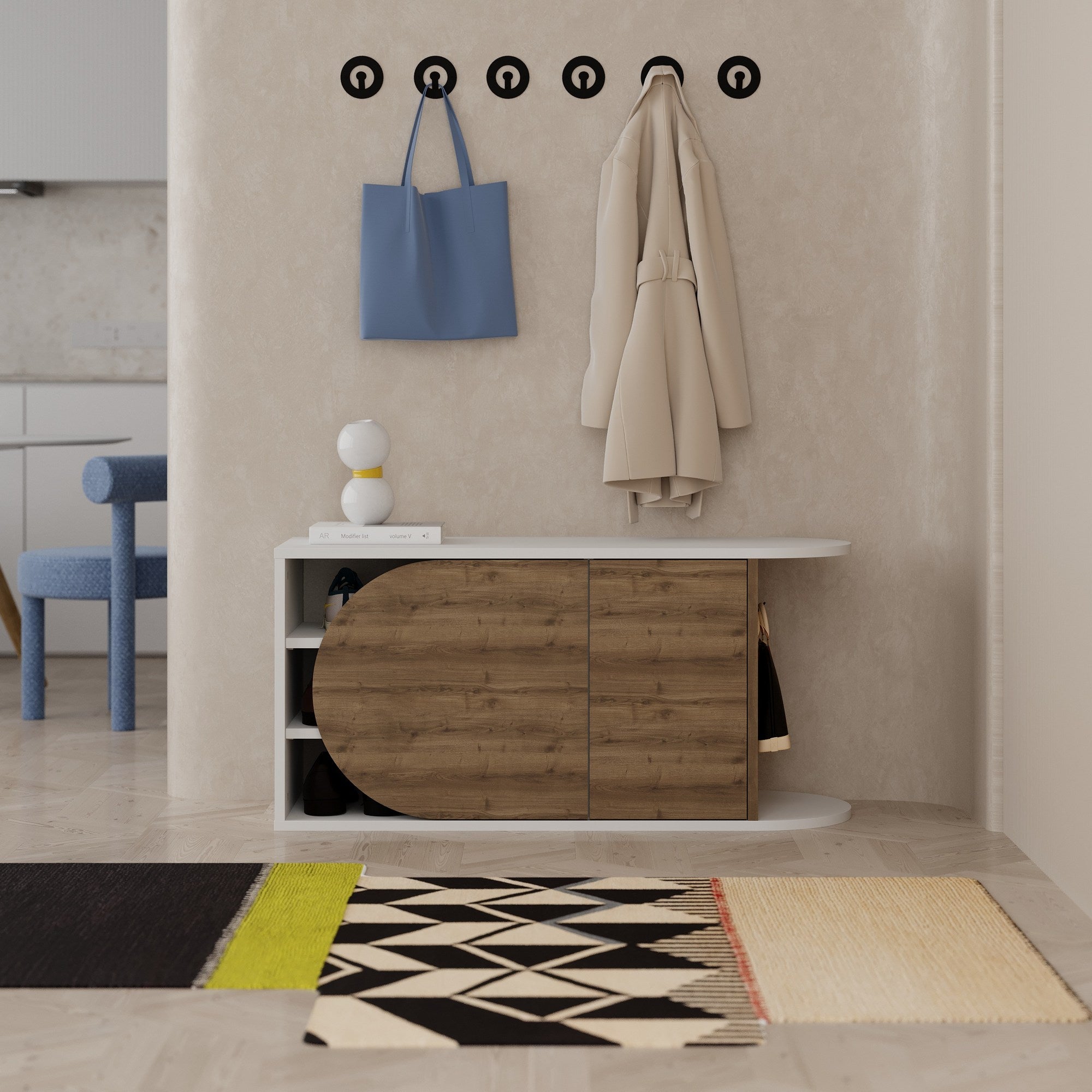 Sapateira estilosa, Hitit e branca, 104 x 50 x 37 cm | Painel de partículas 100% revestido em melamina, 18 mm de espessura | Dobradiças com fechamento suave, capacidade para 80 kg, design moderno