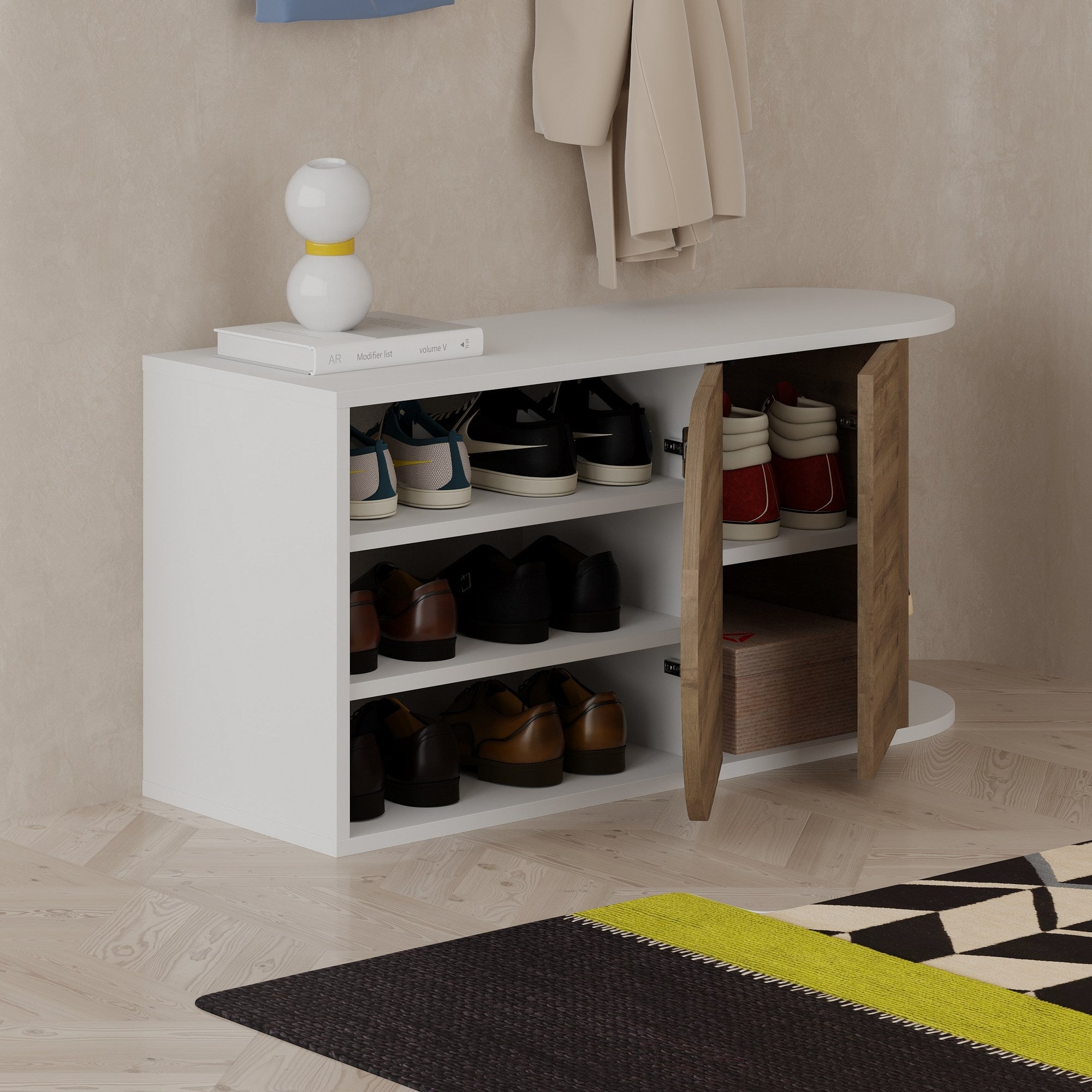 Sapateira estilosa, Hitit e branca, 104 x 50 x 37 cm | Painel de partículas 100% revestido em melamina, 18 mm de espessura | Dobradiças com fechamento suave, capacidade para 80 kg, design moderno