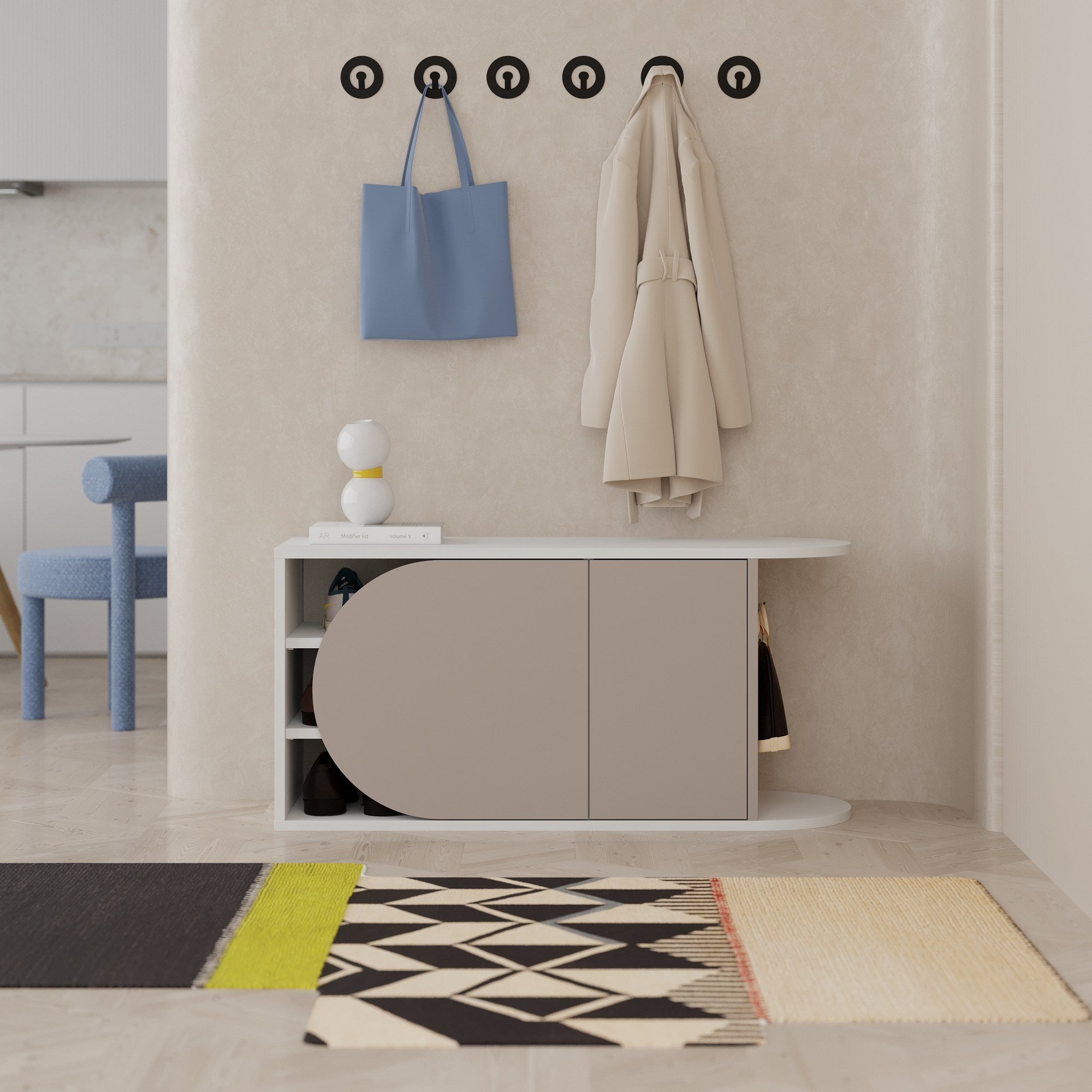 Sapateira estilosa, cor mocha claro e branco, 104 x 50 x 37 cm | Painel de partículas 100% revestido em melamina, 18 mm de espessura | Dobradiças com fechamento suave, capacidade para 80 kg