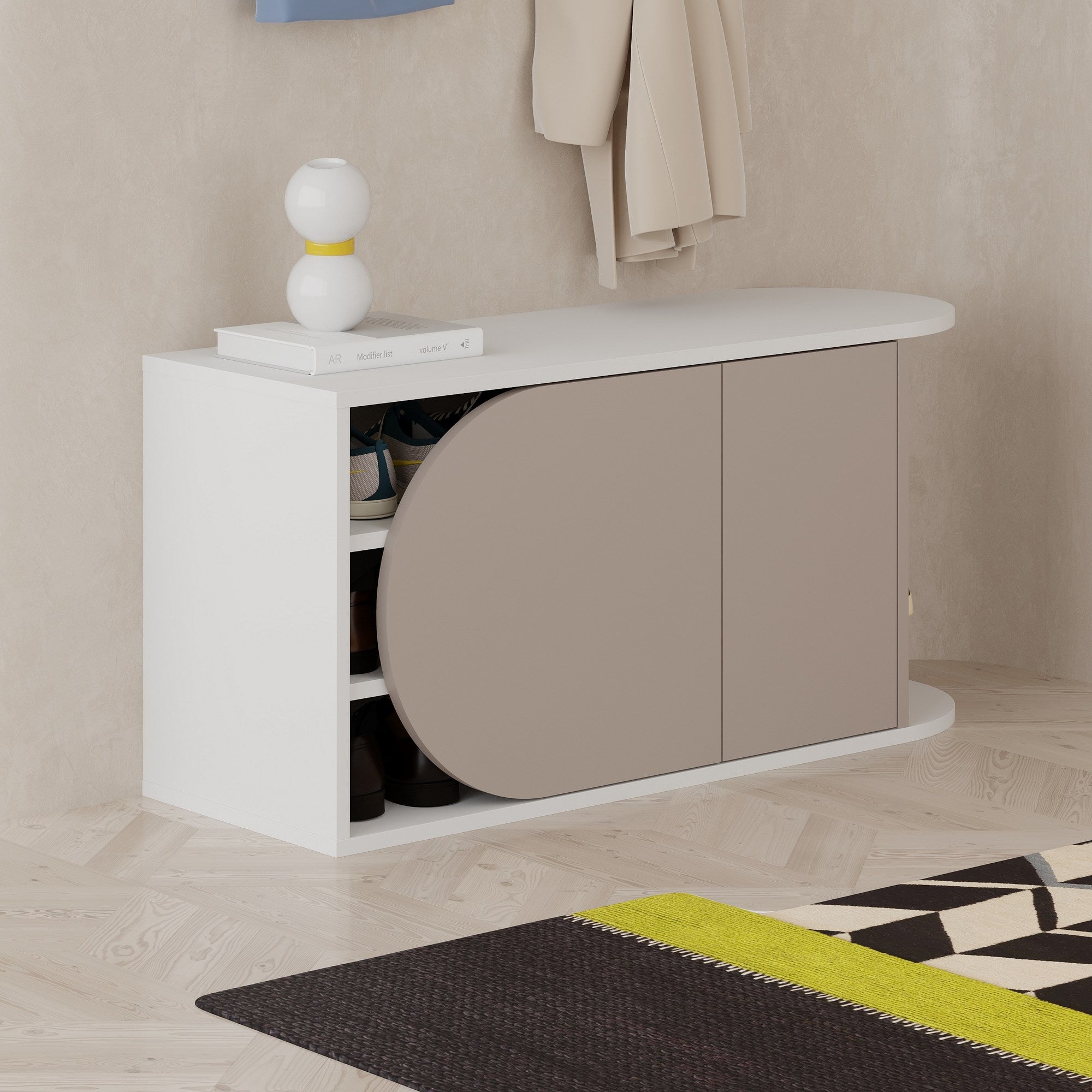 Sapateira estilosa, cor mocha claro e branco, 104 x 50 x 37 cm | Painel de partículas 100% revestido em melamina, 18 mm de espessura | Dobradiças com fechamento suave, capacidade para 80 kg