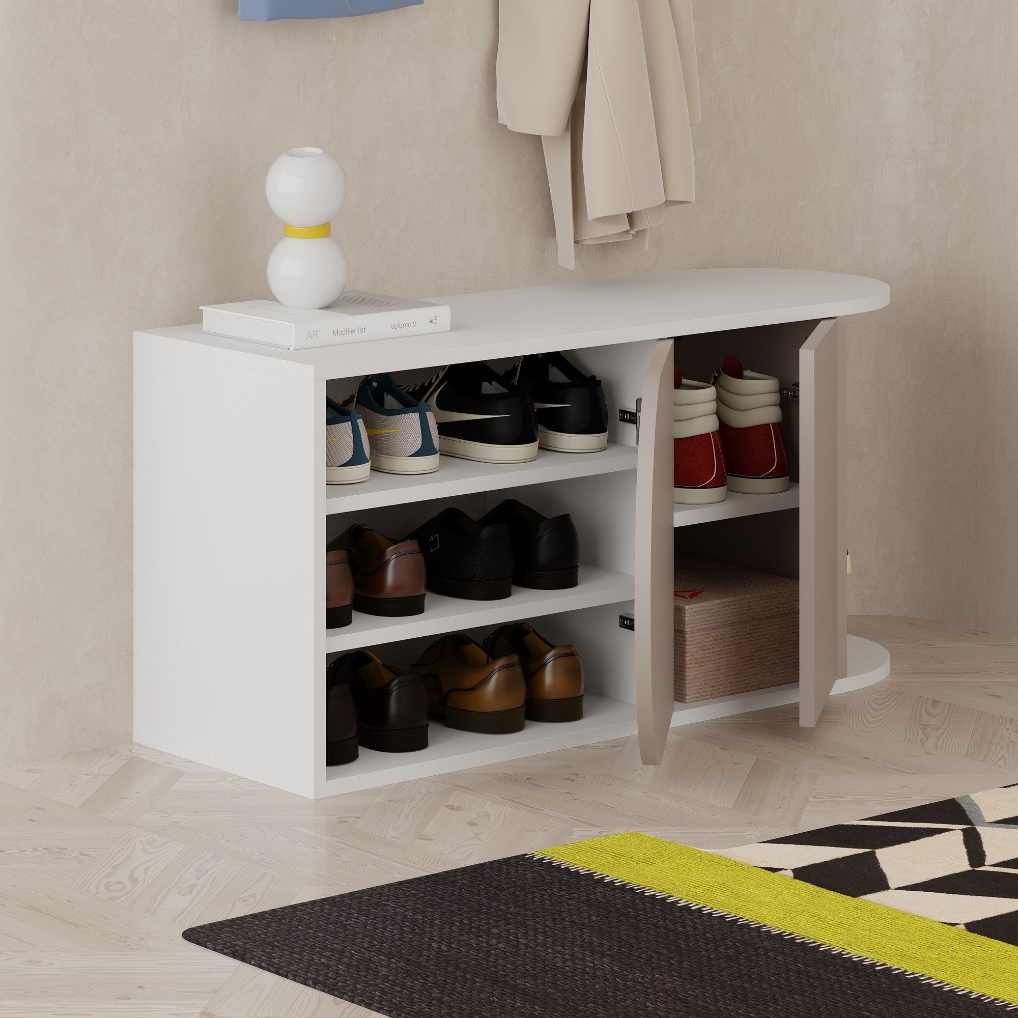 Sapateira estilosa, cor mocha claro e branco, 104 x 50 x 37 cm | Painel de partículas 100% revestido em melamina, 18 mm de espessura | Dobradiças com fechamento suave, capacidade para 80 kg