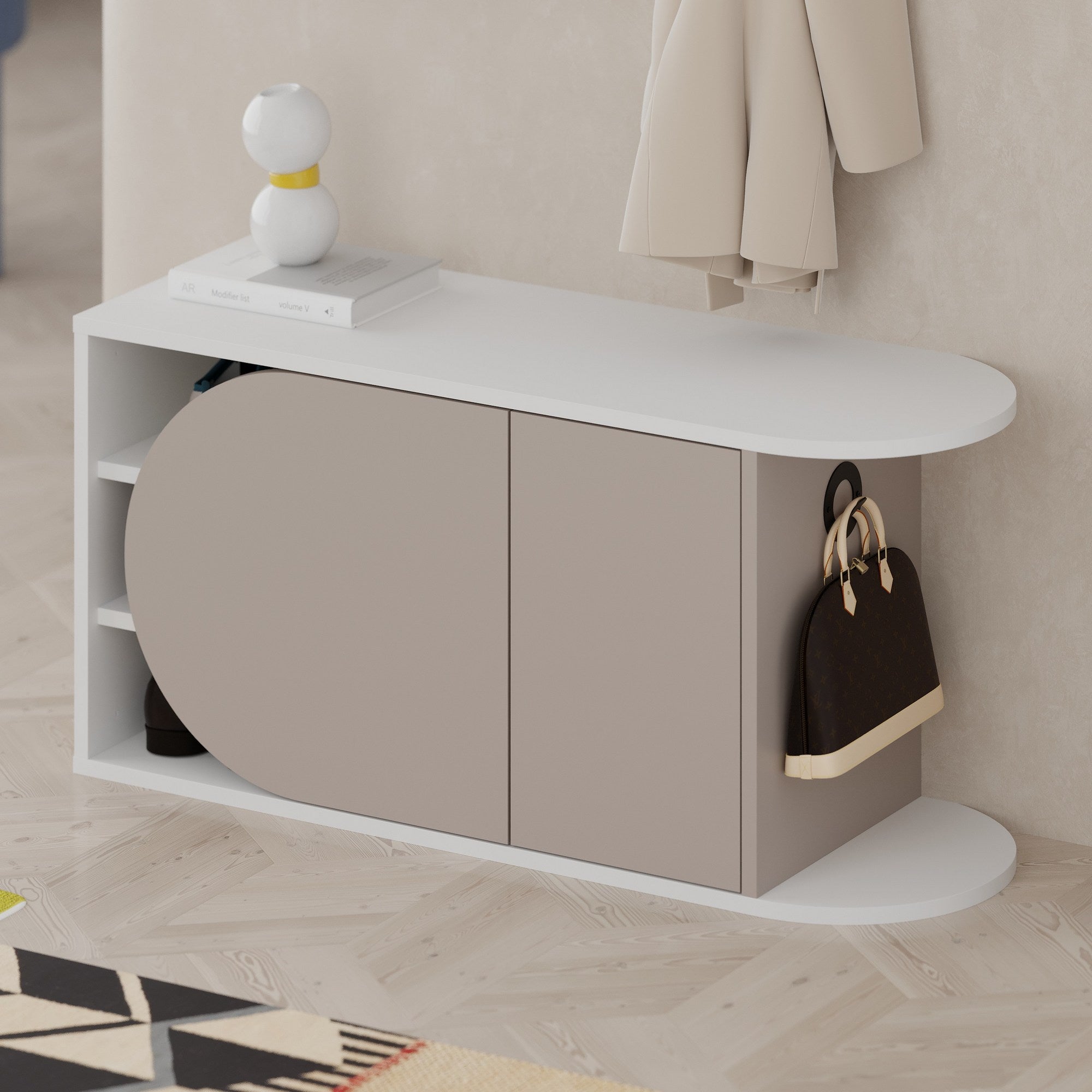 Sapateira estilosa, cor mocha claro e branco, 104 x 50 x 37 cm | Painel de partículas 100% revestido em melamina, 18 mm de espessura | Dobradiças com fechamento suave, capacidade para 80 kg