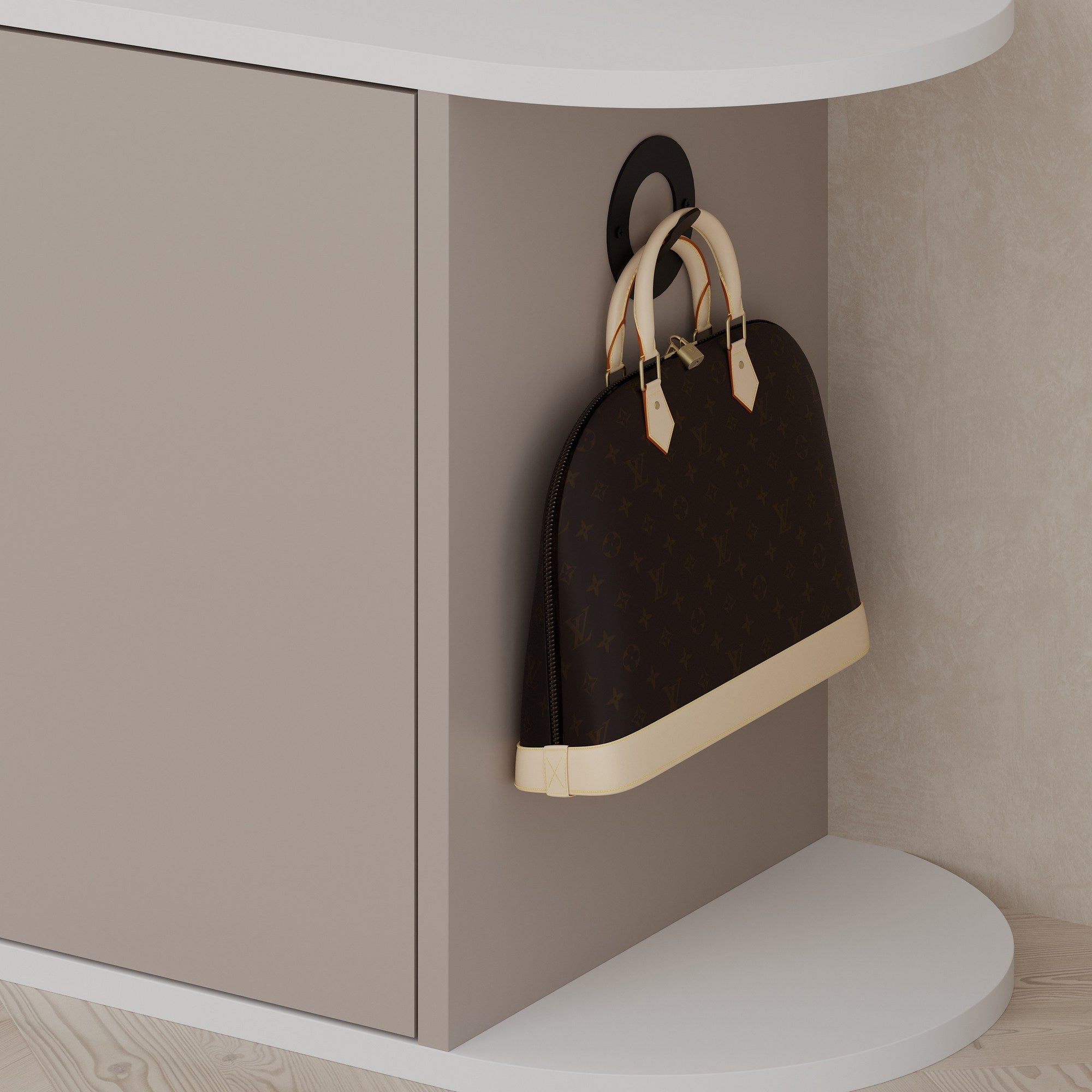 Sapateira estilosa, cor mocha claro e branco, 104 x 50 x 37 cm | Painel de partículas 100% revestido em melamina, 18 mm de espessura | Dobradiças com fechamento suave, capacidade para 80 kg